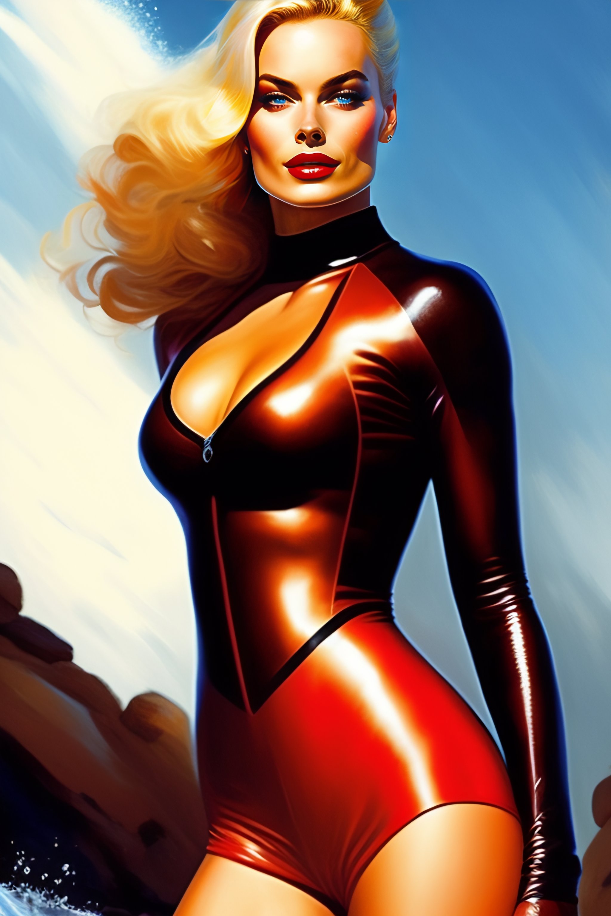 Lexica - Margot robbie Harley Quinn in wetsuit ,abs, strong line, deep  color, beautiful! coherent! by frank frazetta,