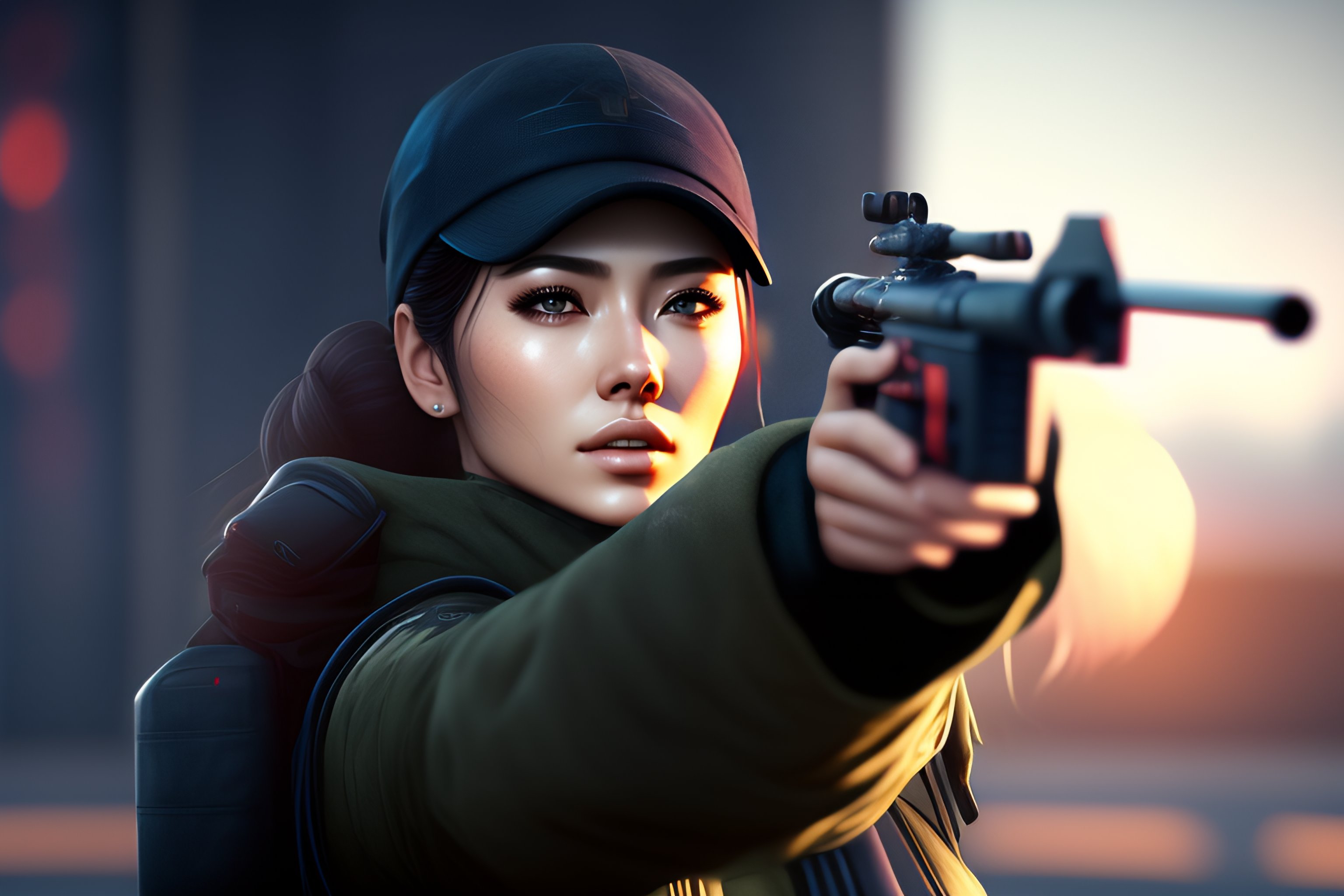 Lexica - Escape from tarkov anime girl holding a gun, cgi, 3d, realistic