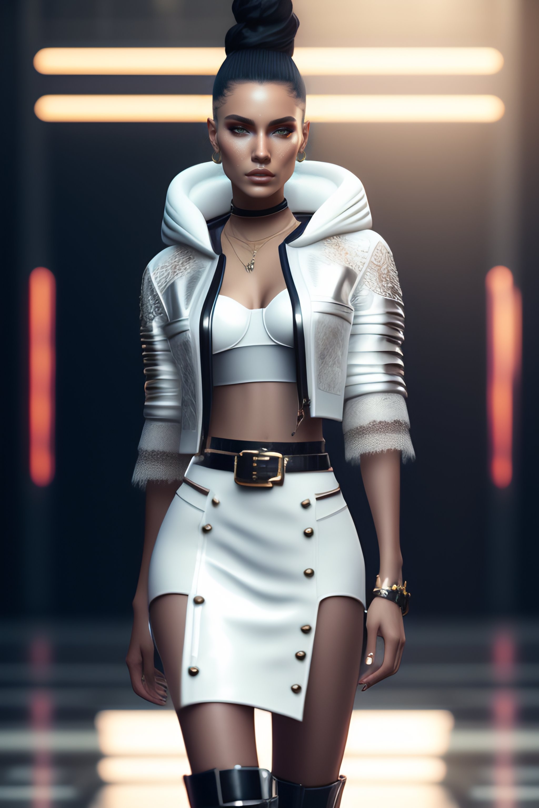 Lexica - Minimal fashion style clothes with short hair rusian girl, white  medieval leather jacket with glitters, jewels, long leather skirt,  carbonf
