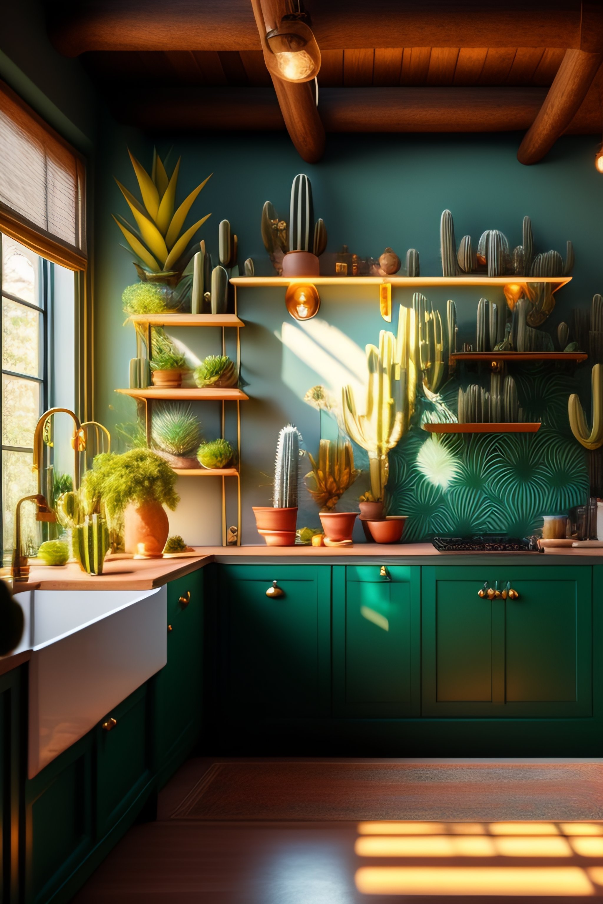 Lexica - Maximalist kitchen with lots of cactuc and plants, golden 