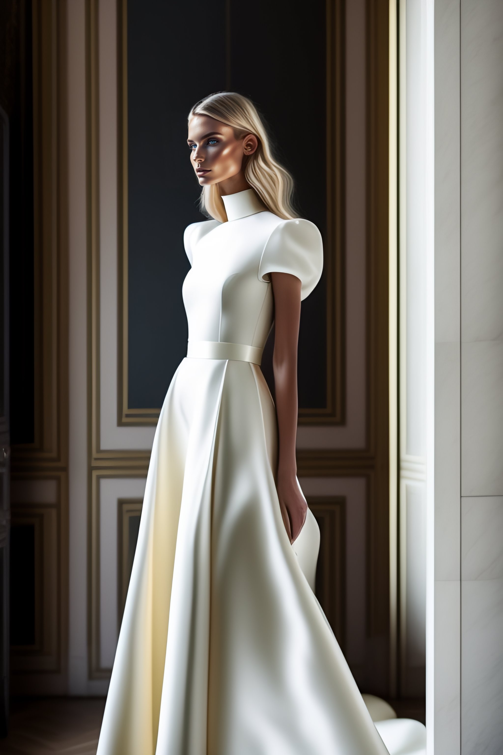 Lexica - Blond fashion model wearing a long form fitted wedding dress ...