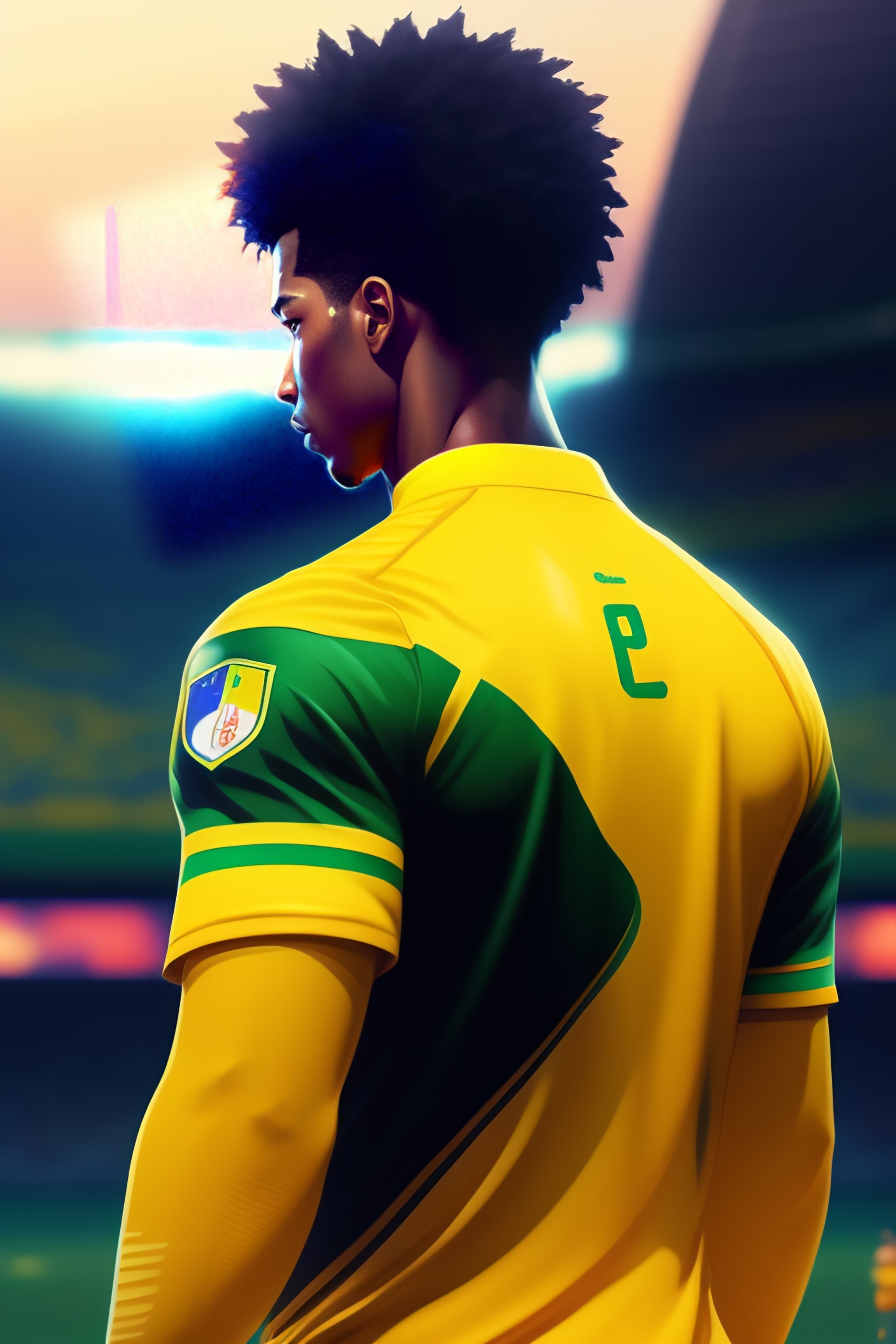 Lexica - Back of a Brazil Footballer wearing 10 yellow brazil team jersey  playing football, backdrop of dawn, saturn in the background,  illustration,