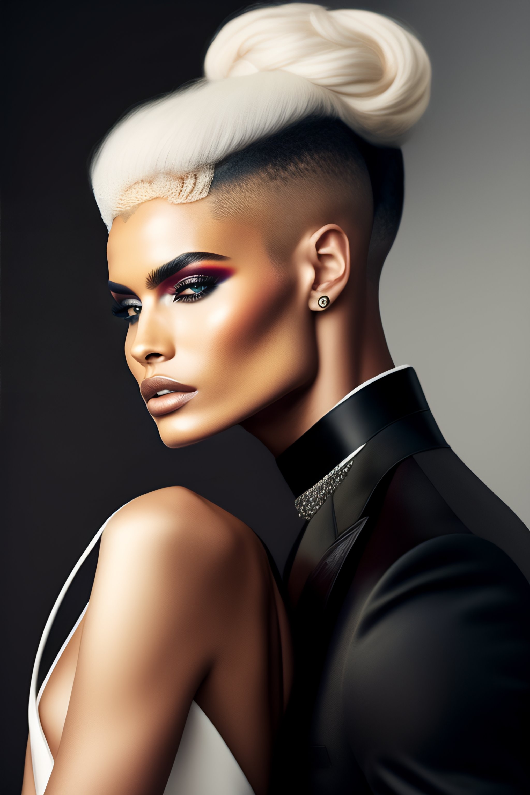 Lexica - Haute couture olive skin black updo hair woman with albino male in  sexy pose