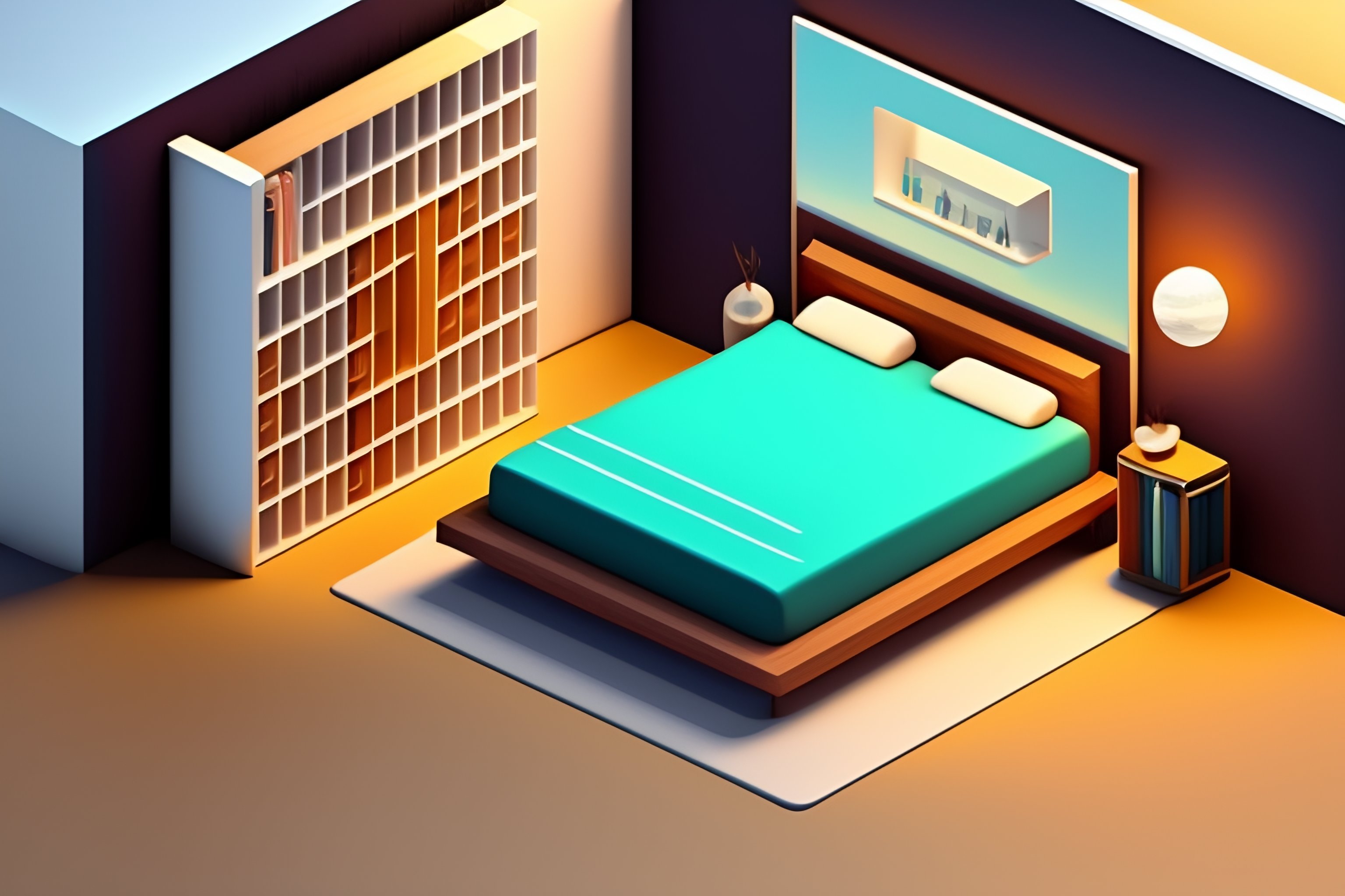 Lexica - Bedroom decor, isometric illustration, home office, bed, place ...