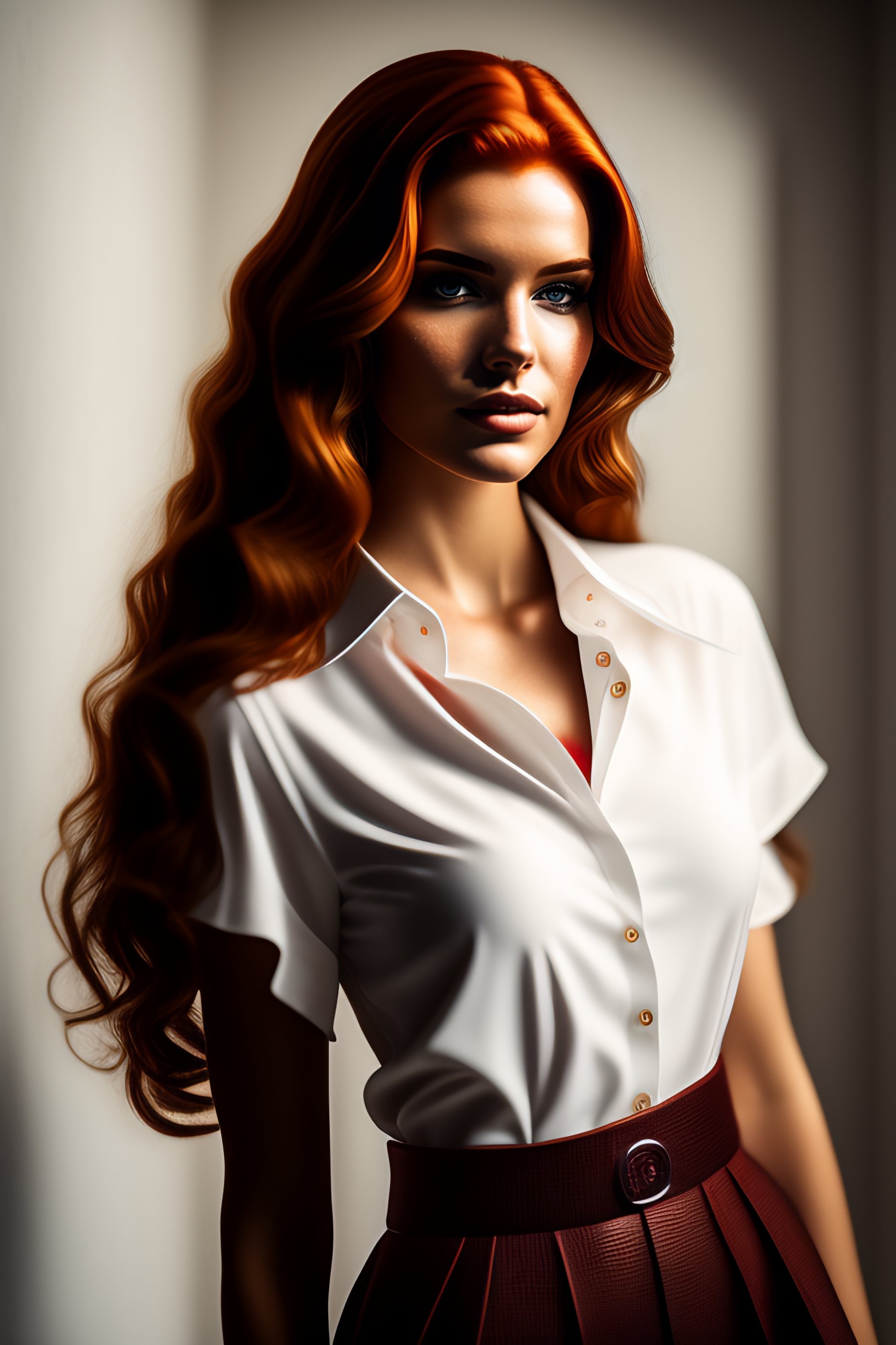 Lexica - Generate an image of a red-headed model standing in a well-lit ...
