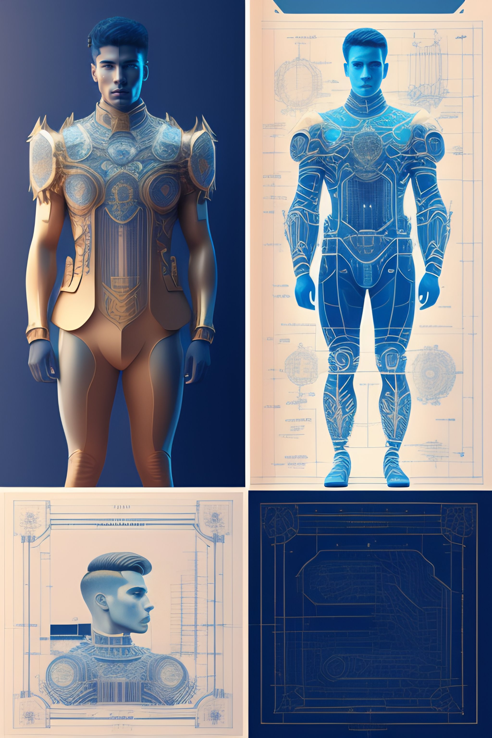 Lexica - Detailed schematics of a young male cyborg, Venetian man ...