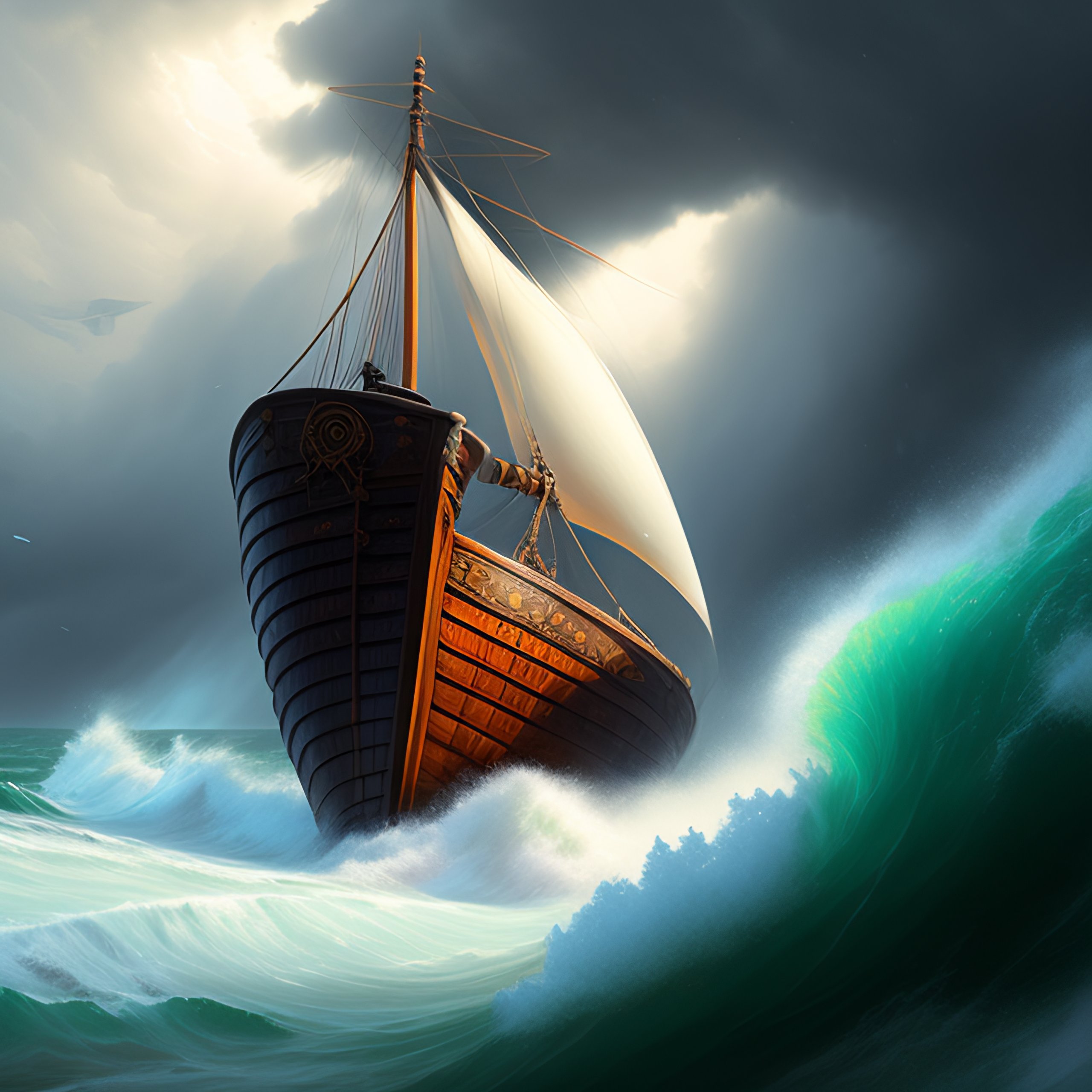 Lexica - Broken old boat in big storm, by justin gerard and greg rutkowski