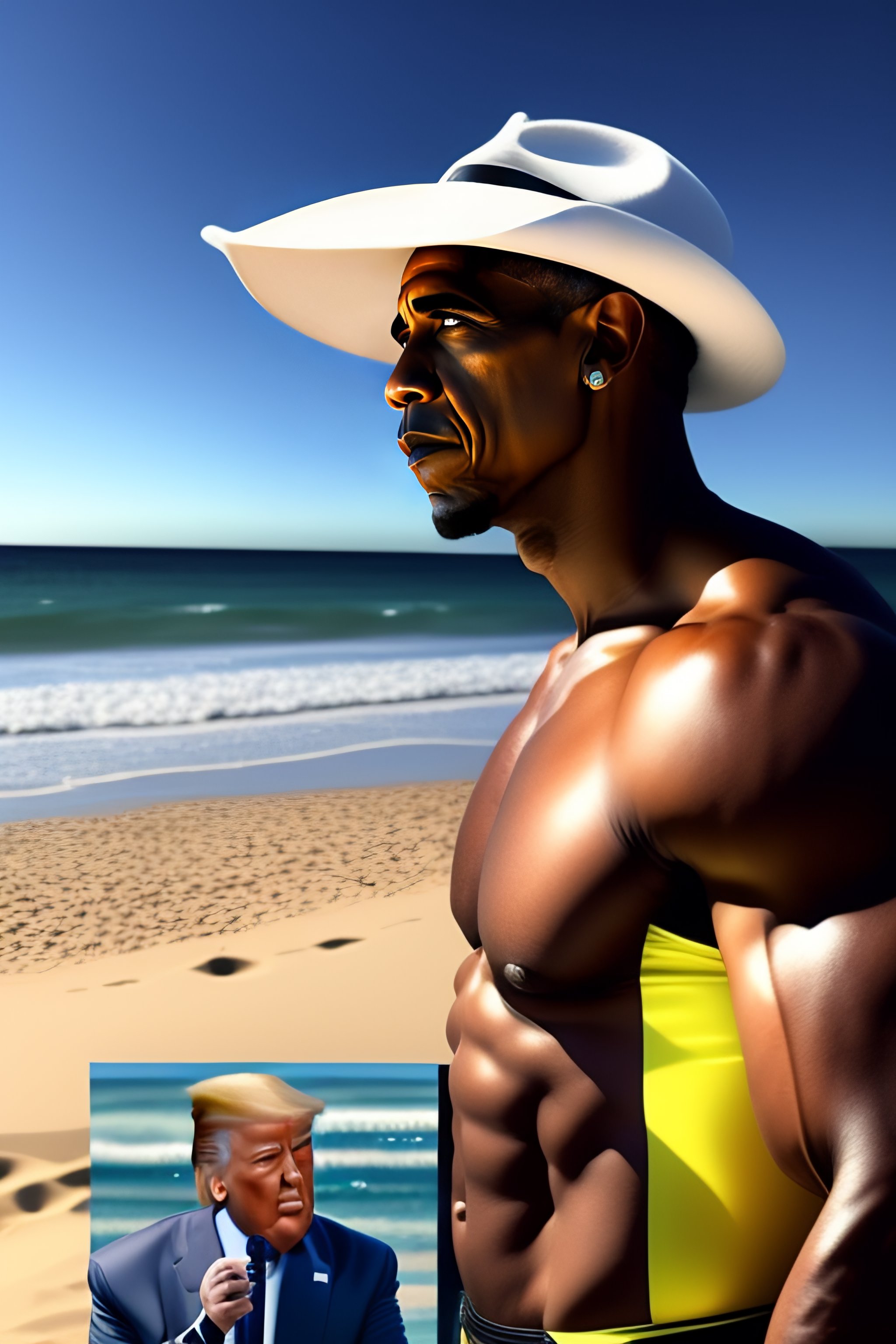 Lexica - Obama manly in the sun on the beach with trump in a bikini