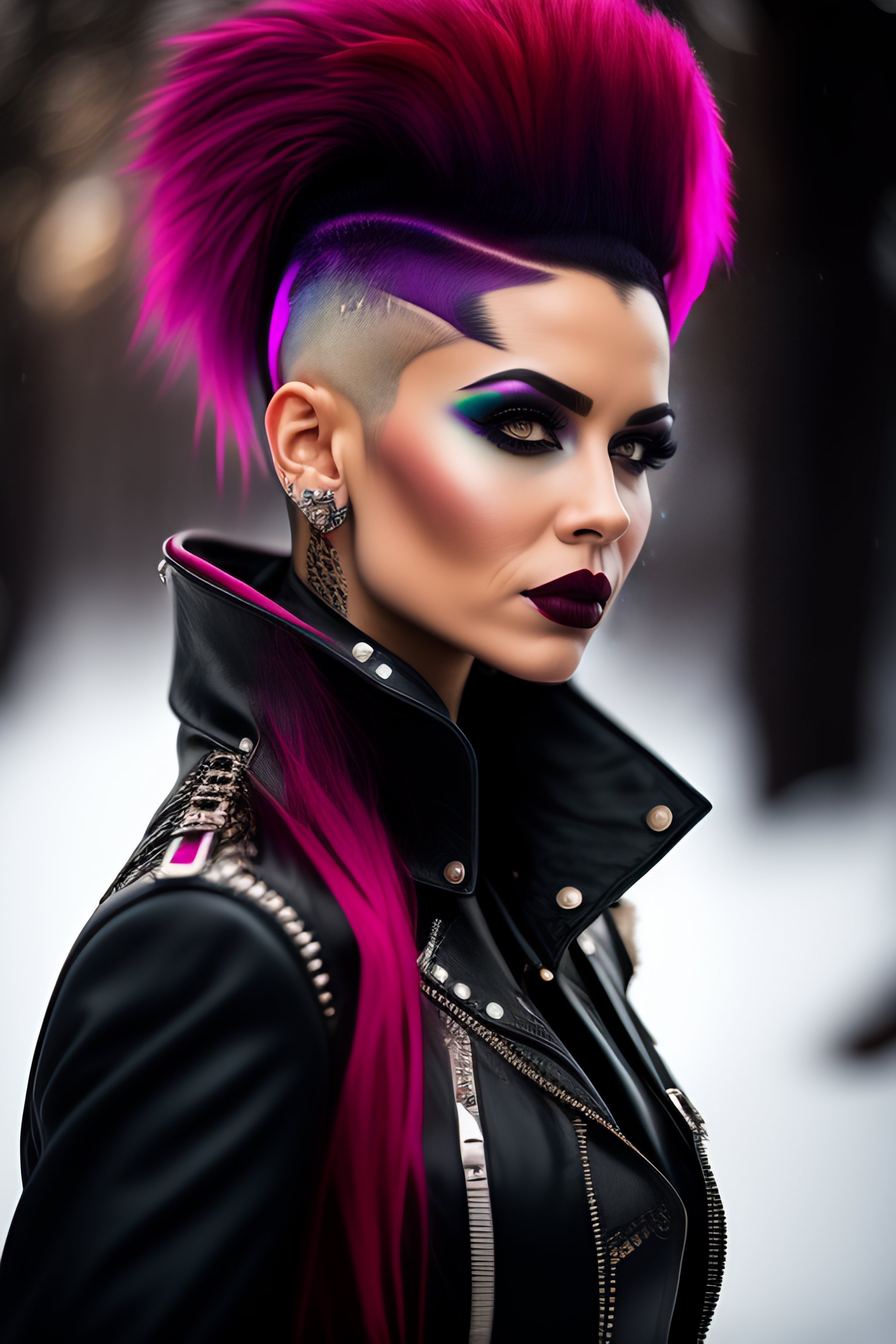 Lexica - Hyper detailed photo realistic,Anarchy Gothpunk girl, Mohawk  haircut, stockings, combat boots , Winter Snow, black Mohawk hair, 85mm  Bokeh, ...