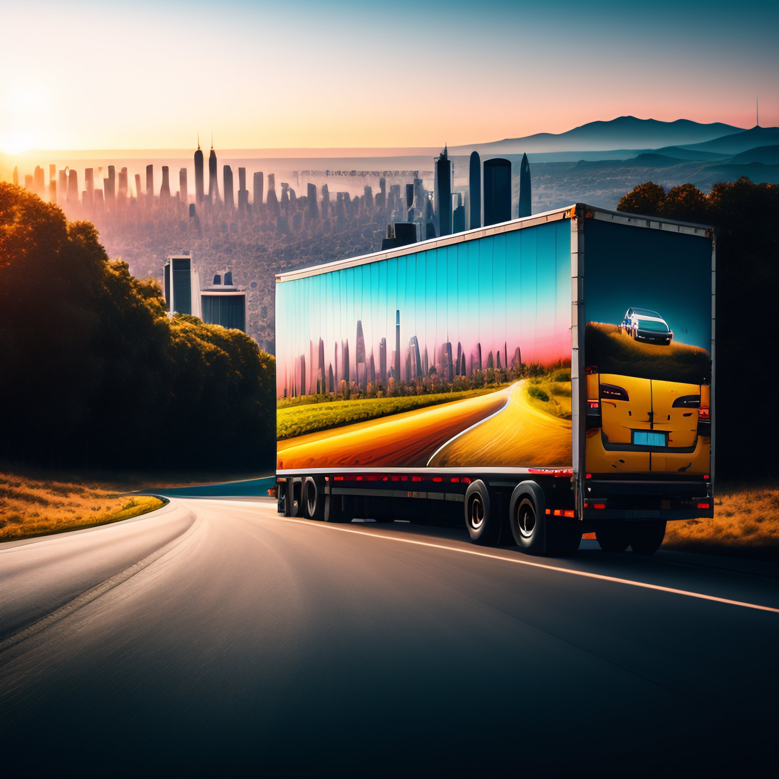 Lexica - Photograph of a moving truck with a city landscape in the