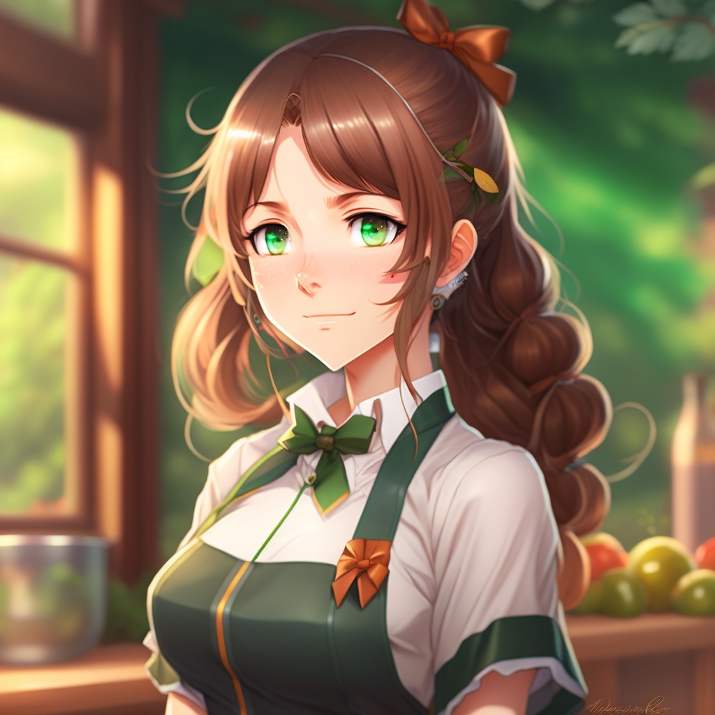 Lexica - A anime girl wear an anime girl with a green apron and brown hair  tied in a ponytail, mature, brown eyes