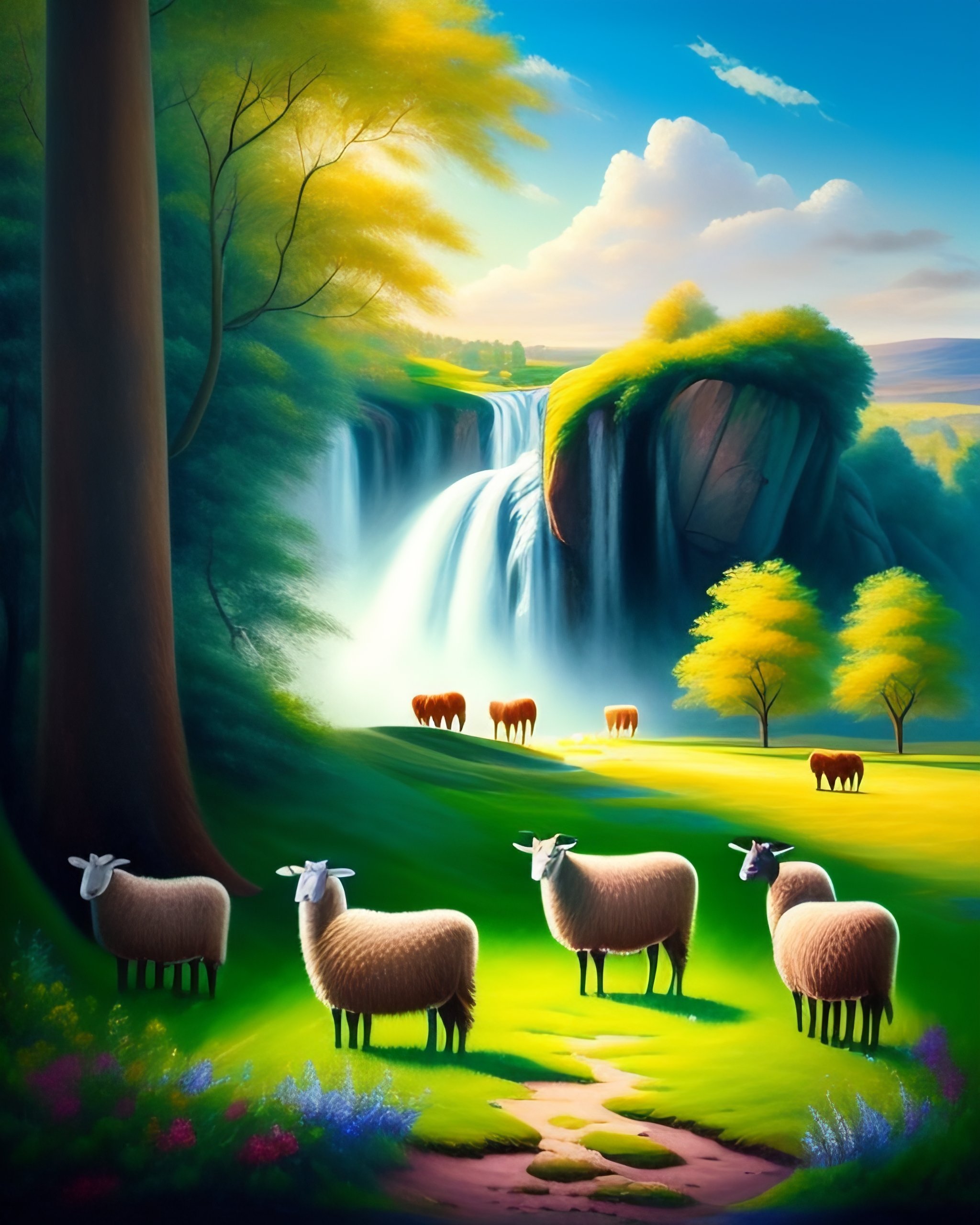 Lexica - Large field landscape with sheep and humans playing, trees in ...