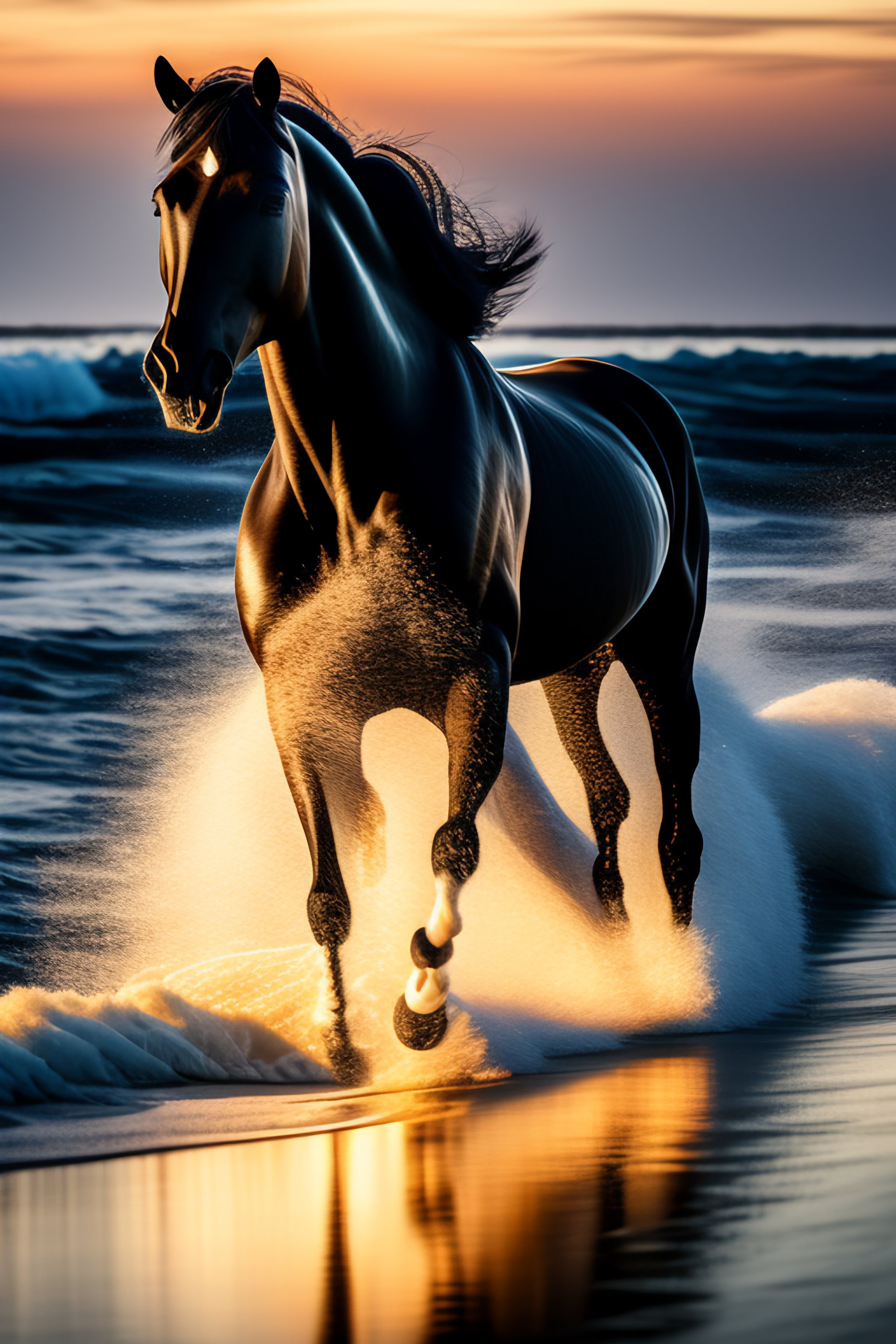 Black Horse Running On Beach