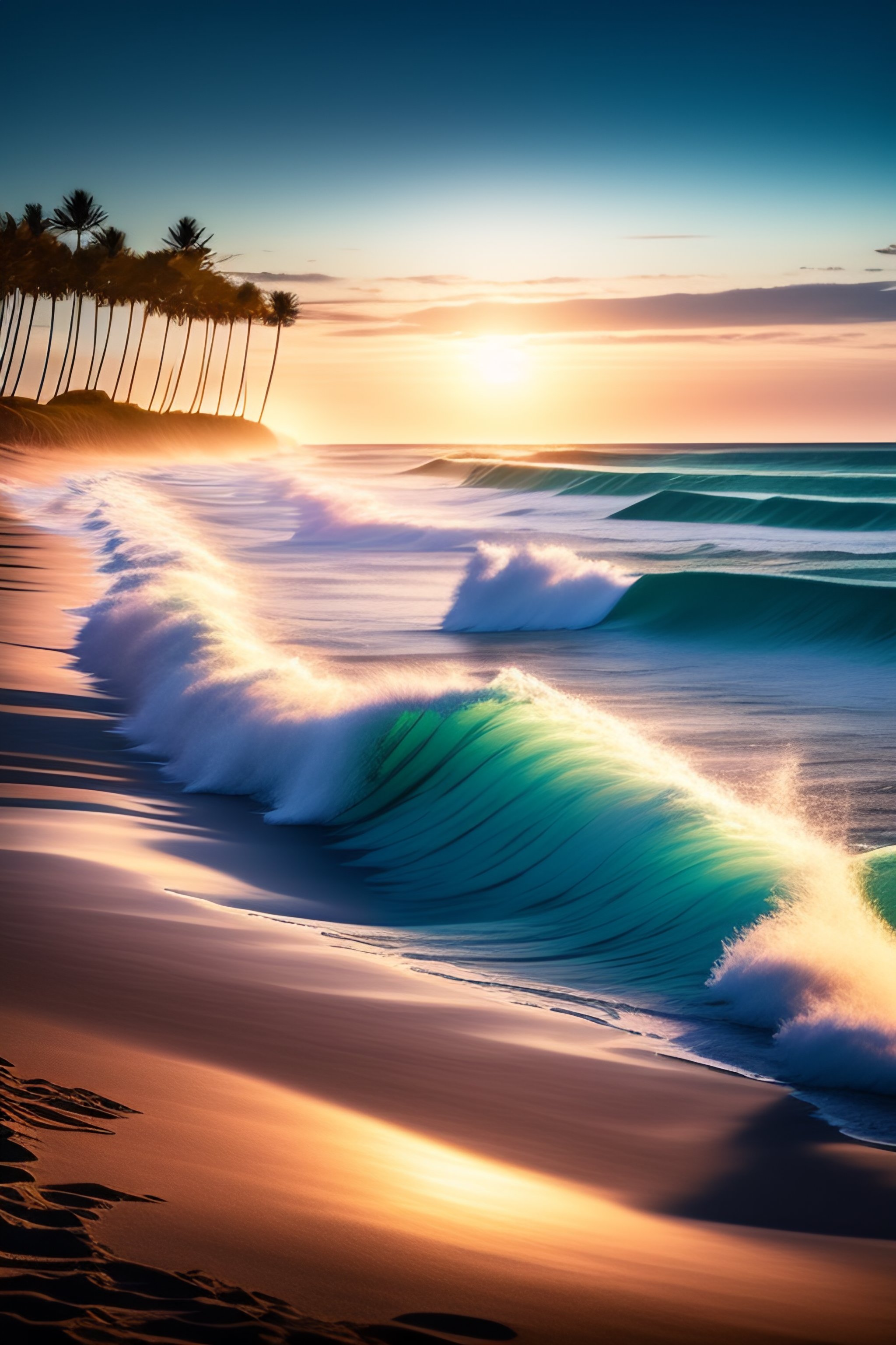 Lexica - 3 surfers with their surf on a beach front of sunrise