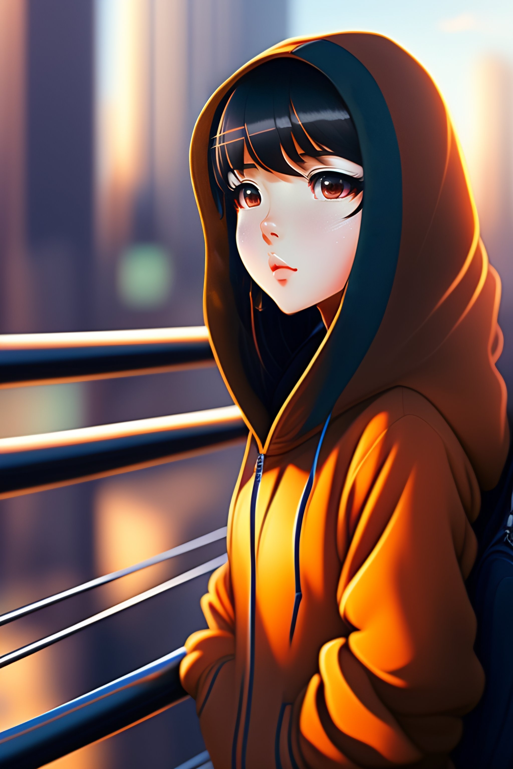 Lexica Anime look portrait of young black haired girl wearing hooded sweatshirt city sightseeing railing cute face of yoh yoshinari katsura ma