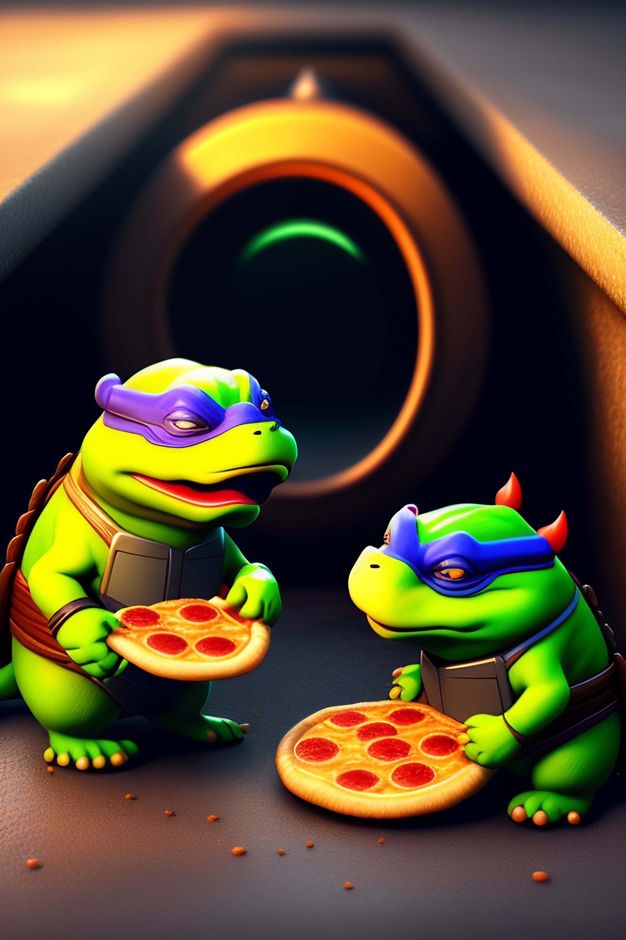 Lexica Ninja turtles eating pizza in a sewer, 3d render, realistic