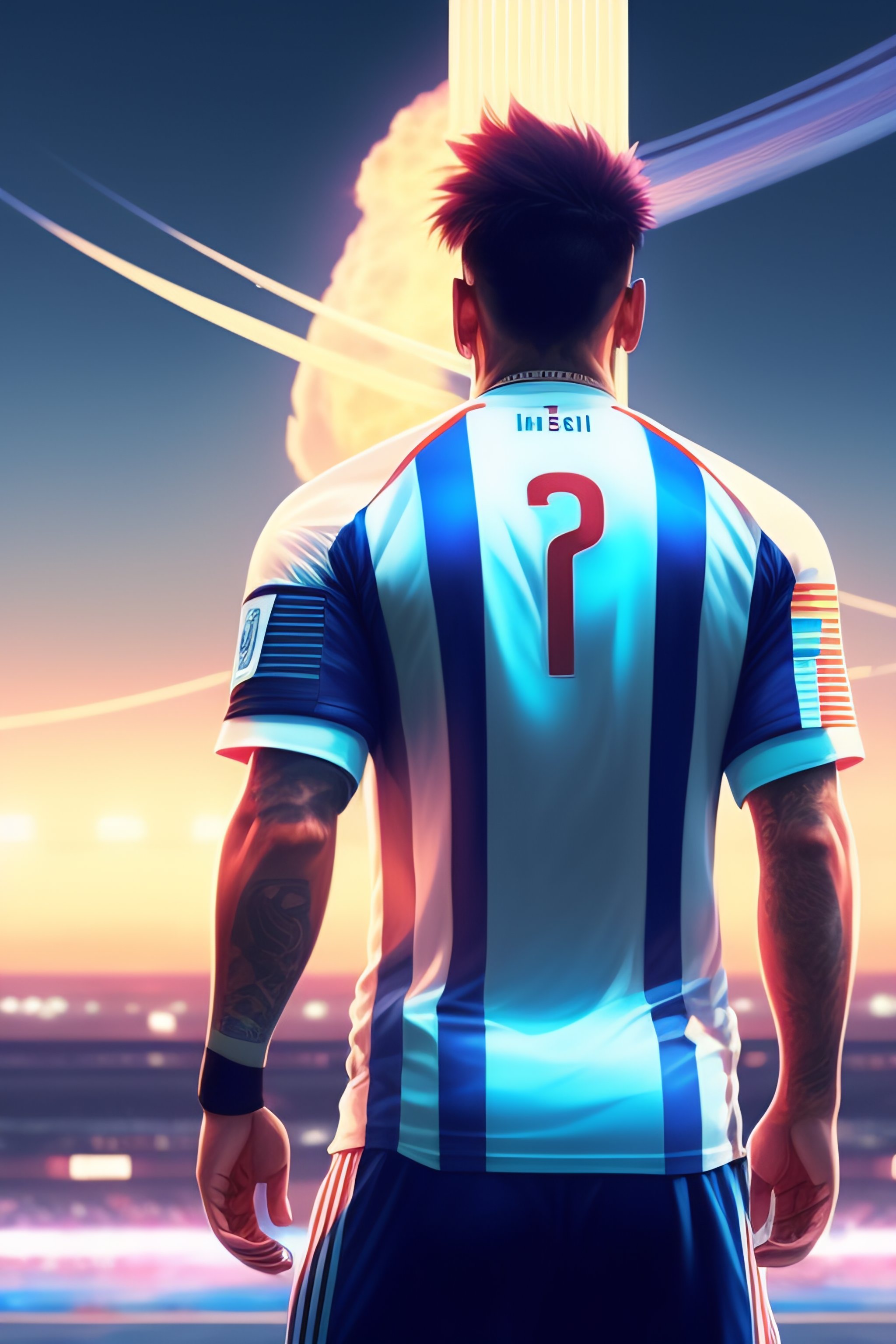 Lexica - Back of a Argentine Footballer Messi, Blue and white stripes ...