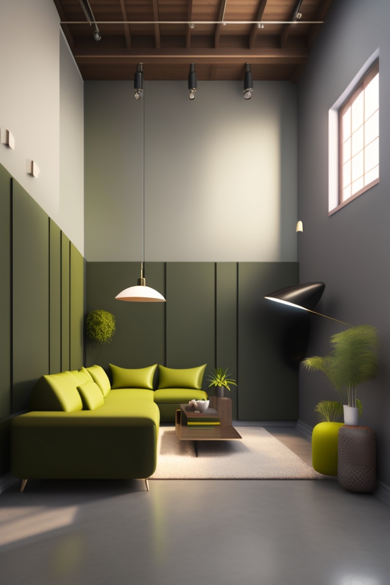 Lexica - Interior studio with high ceilings, loft style, colors gray, olive