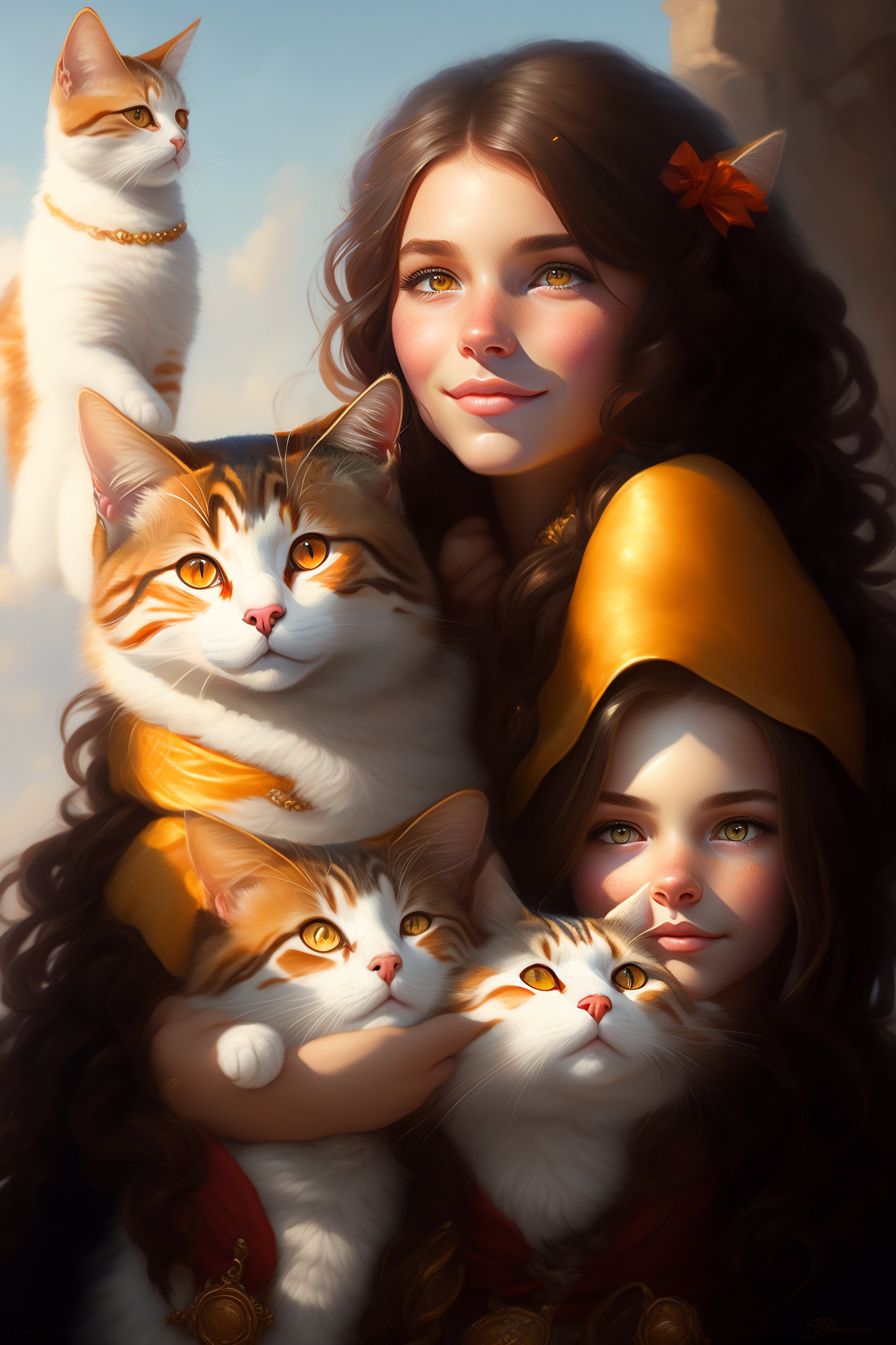 Lexica - A detailed portrait of a cute brunette girl hugging a tabby ...
