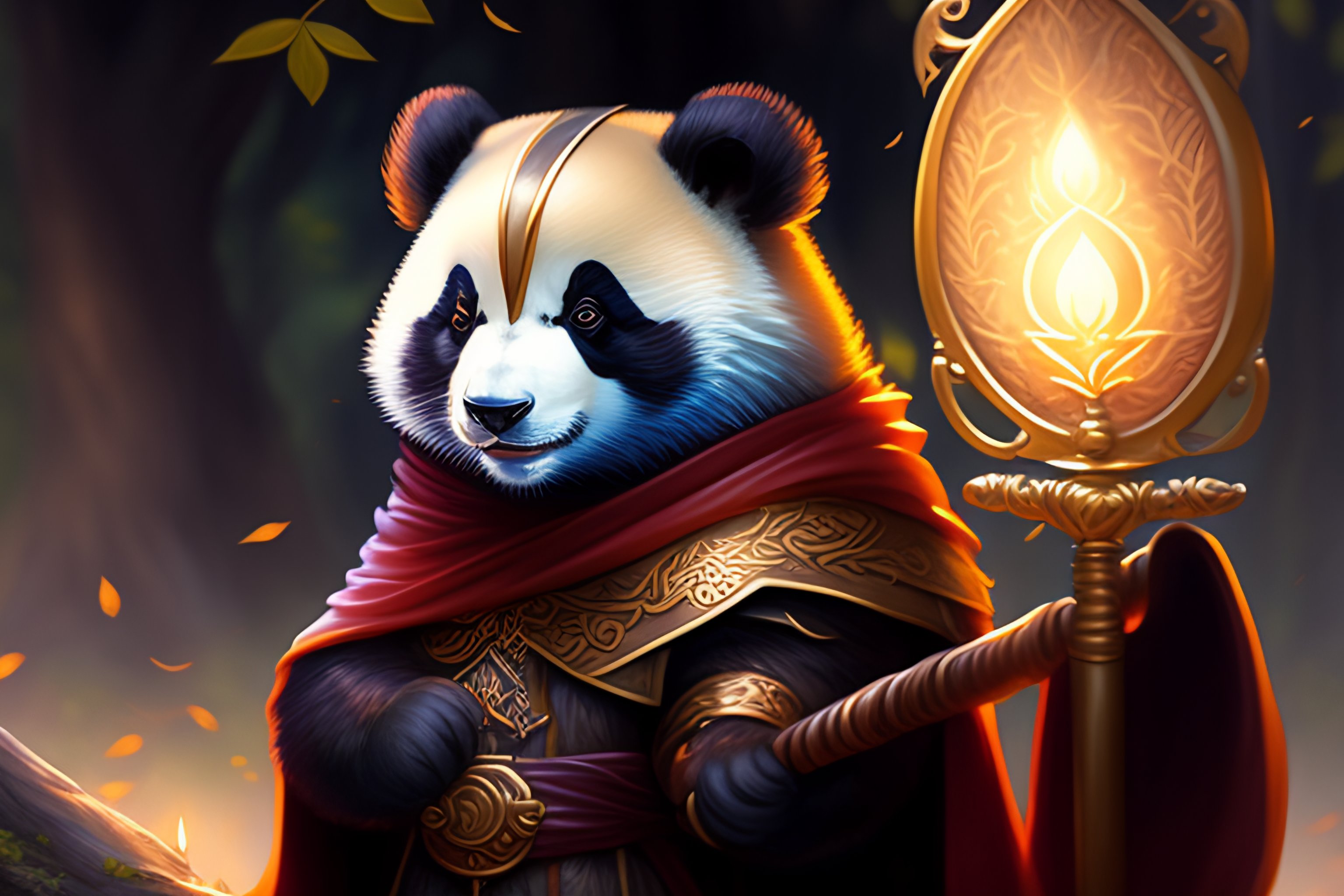 Lexica - Anthropomorphic panda mage, mage cloak, holding a large mage ...