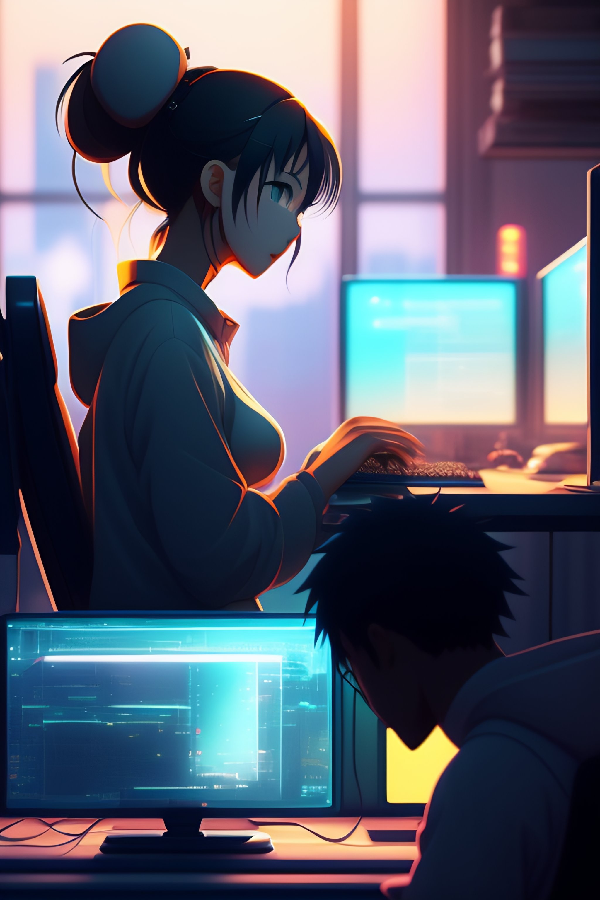 Lexica - create a high resolution artwork of anime girl is programming at a  computer in a room full of gadgets