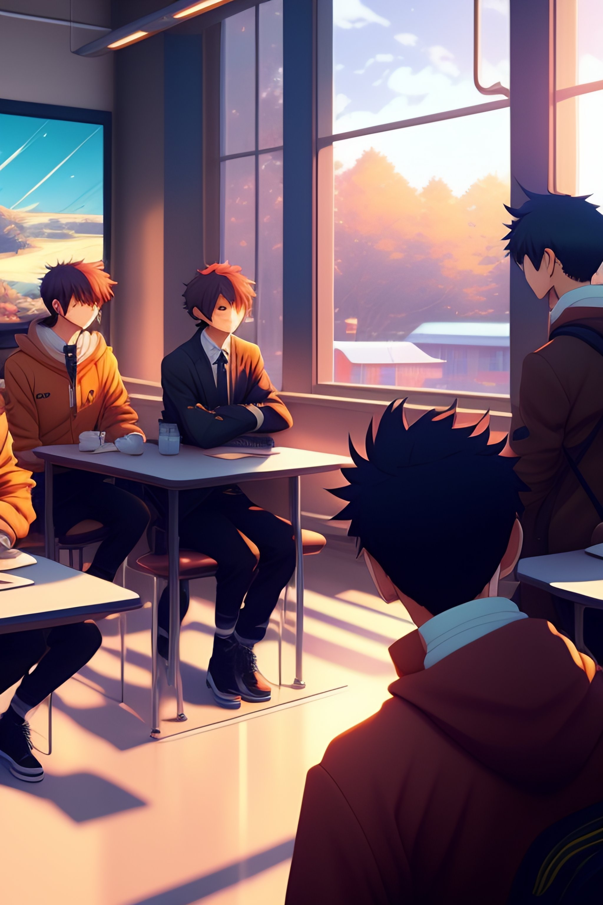 prompthunt: boy's love anime modern high school classroom in winter clear  day, expert high detail concept art cinematic, perfect proportions defined  face, vivid colors, pixar undertones, photorealistic shaded lighting  wallpaper ilya kuvshinov