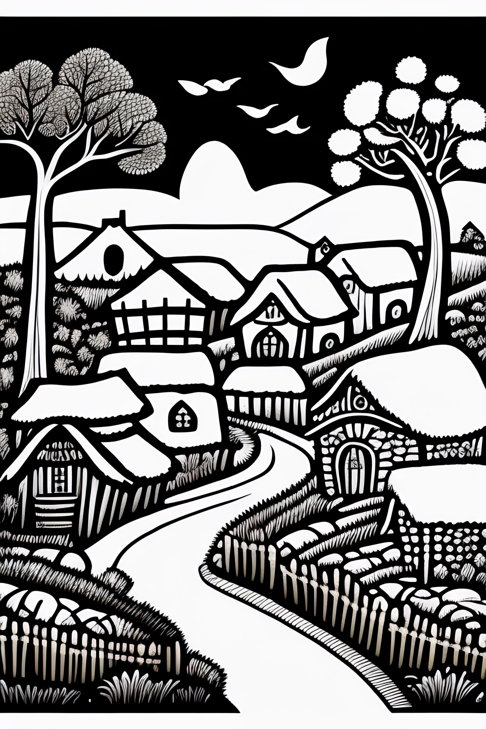 Lexica A black and white line art drawing of a village scene folk art