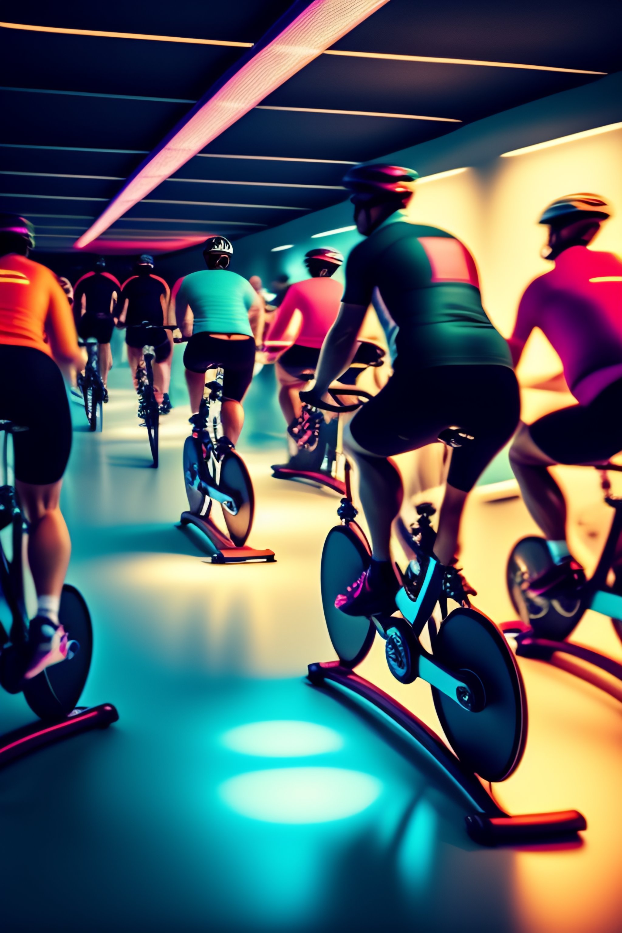 Lexica - Indoor cycling disco full of people on indoor cycling bikes