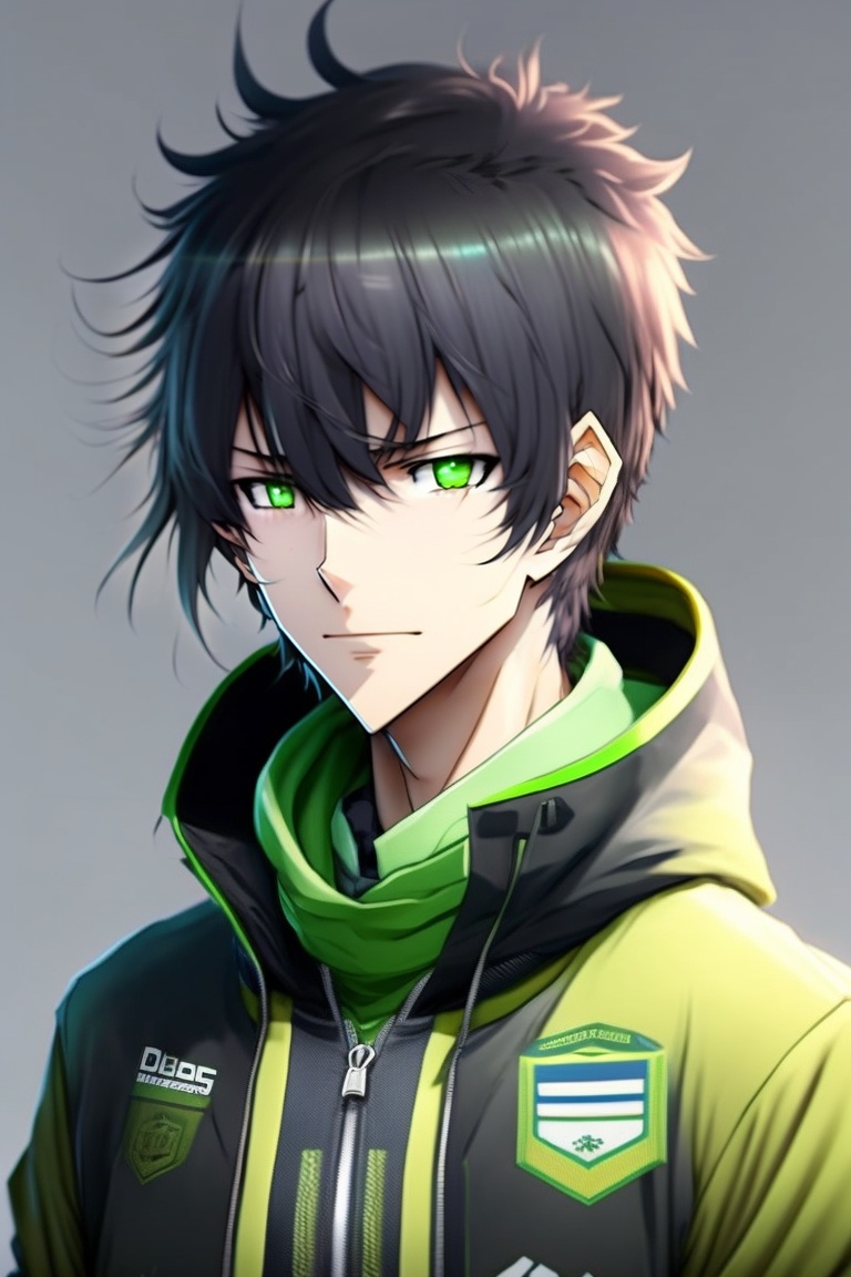 anime boy with black hair and green eyes