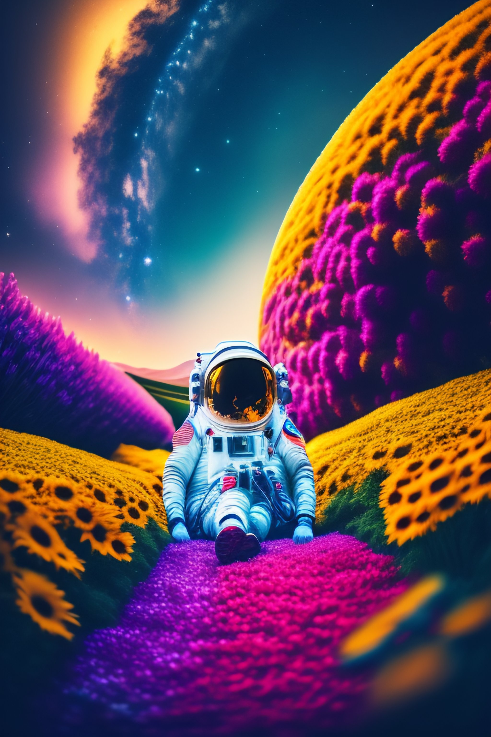 Lexica - An astronaut laying down in field of millions of vibrant ...