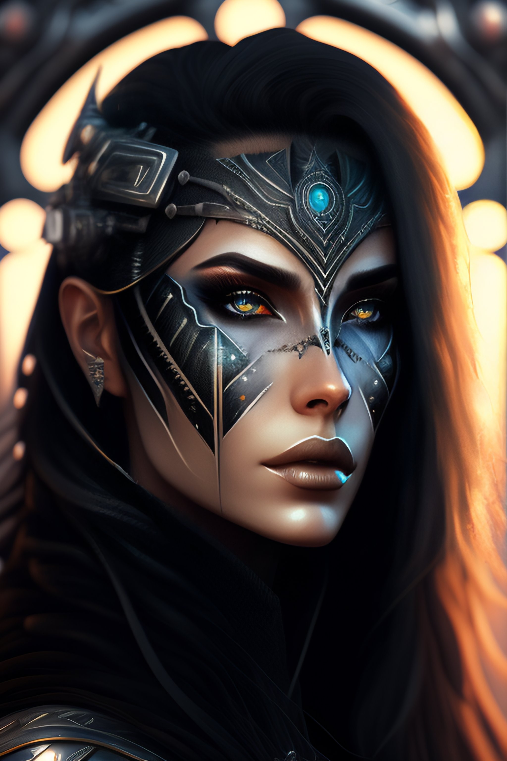 Lexica - Symmetry portrait cyborg with long hair, digital black