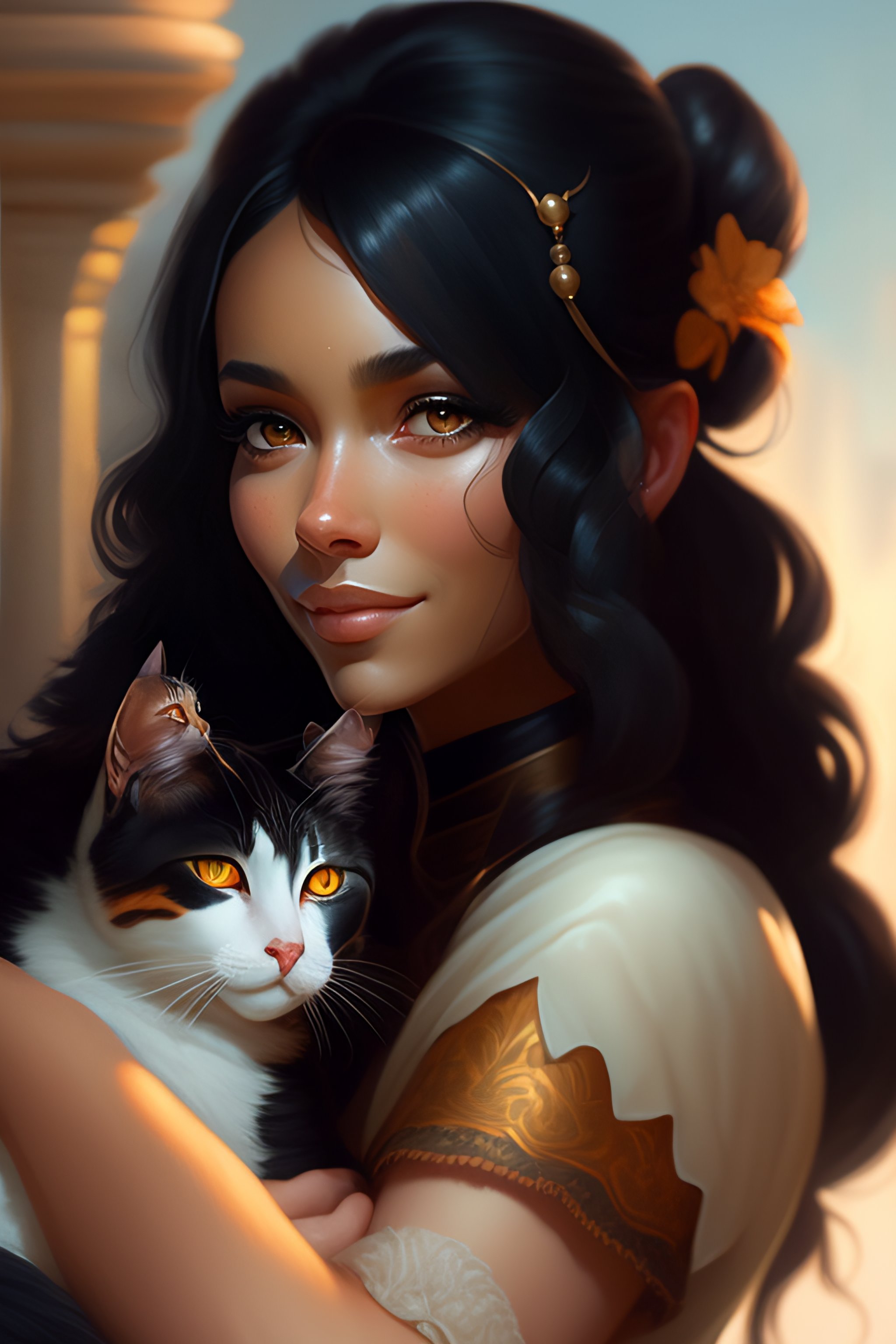 Lexica - A detailed portrait of a cute black hair woman hugging a tabby ...