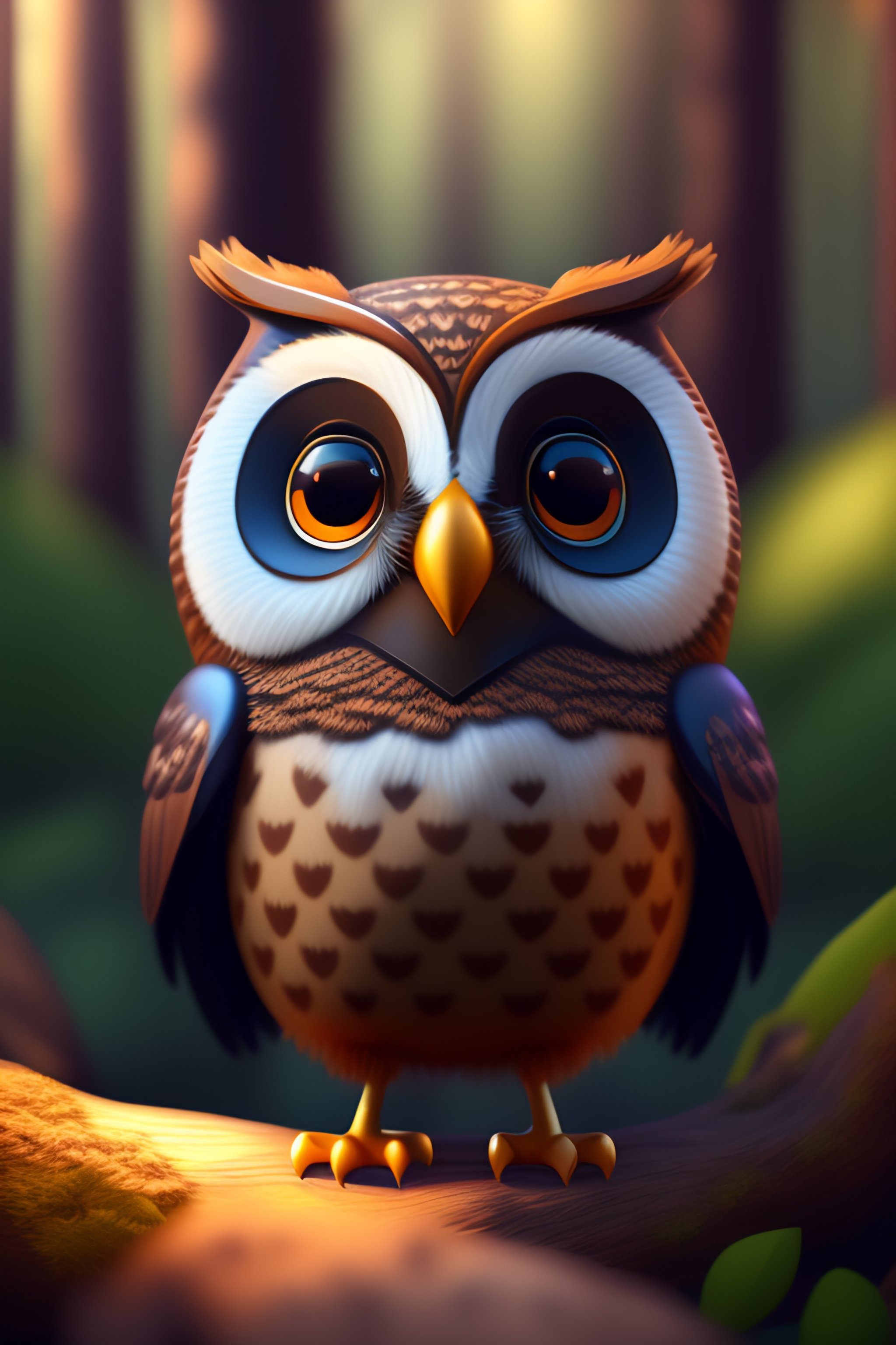 Lexica - Happy cute owl cartoon character in old Disney style in 2d, woods  background, HDR, ray tracing, global illumination, Unreal Engine 5, image size:2048x3072