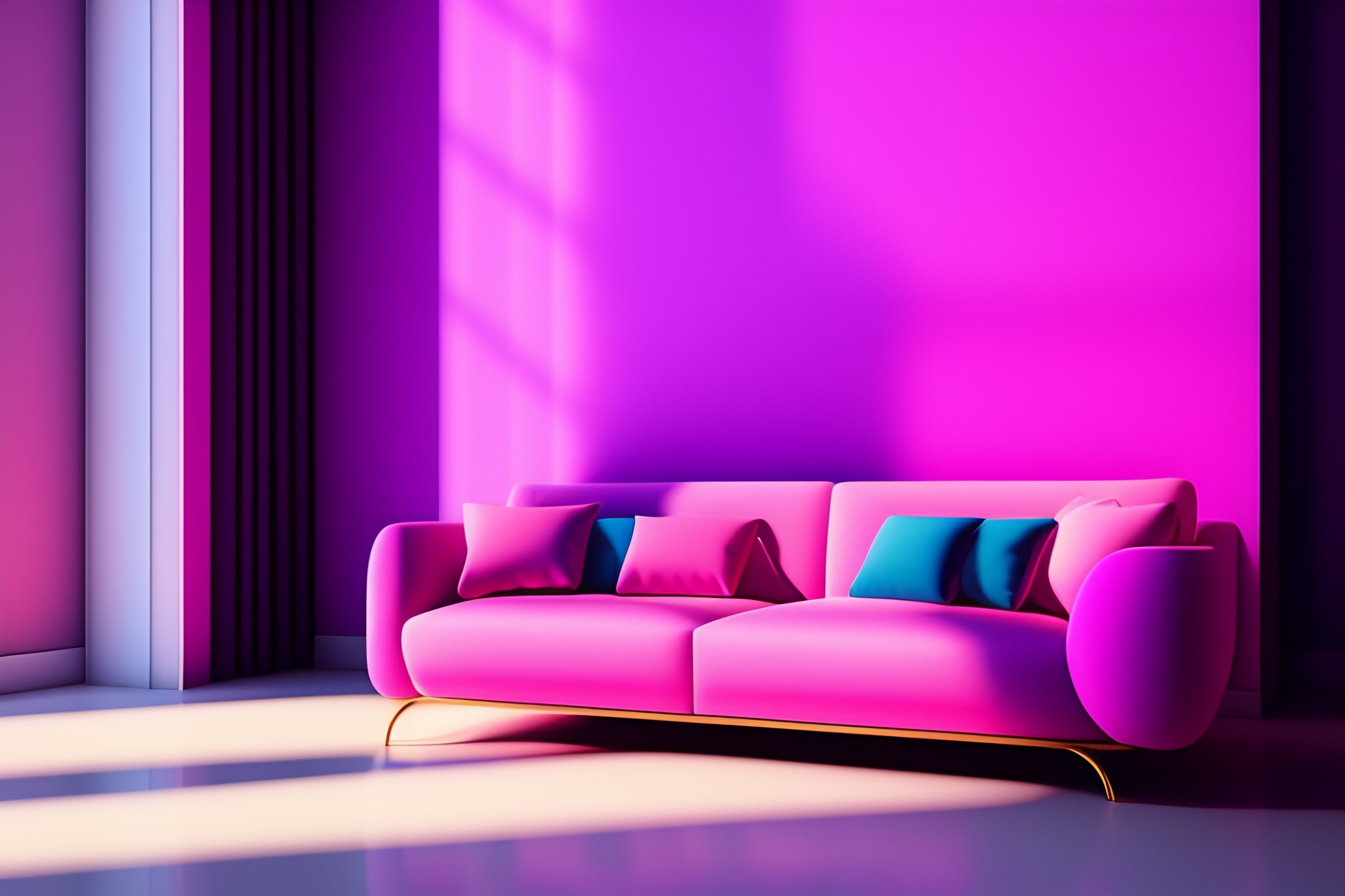 Lexica Pink velour sofa, white walls, daytime, soft light through