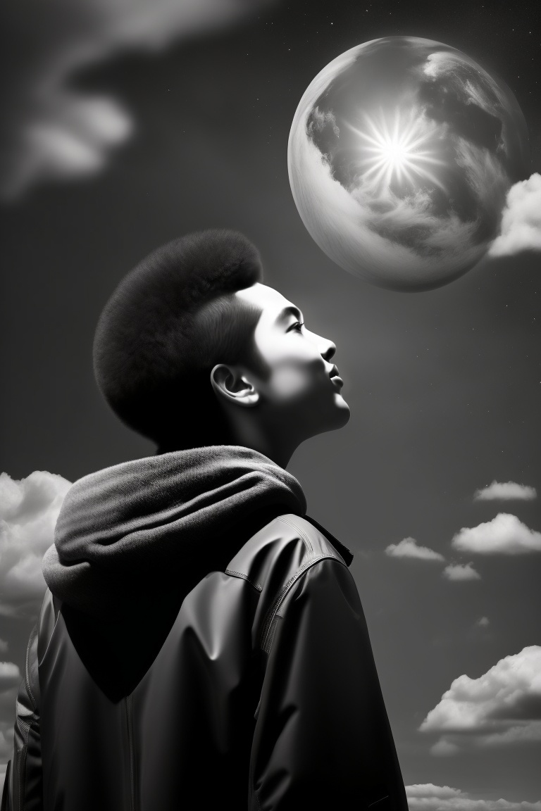 Lexica - A student looking at the sky, black and white