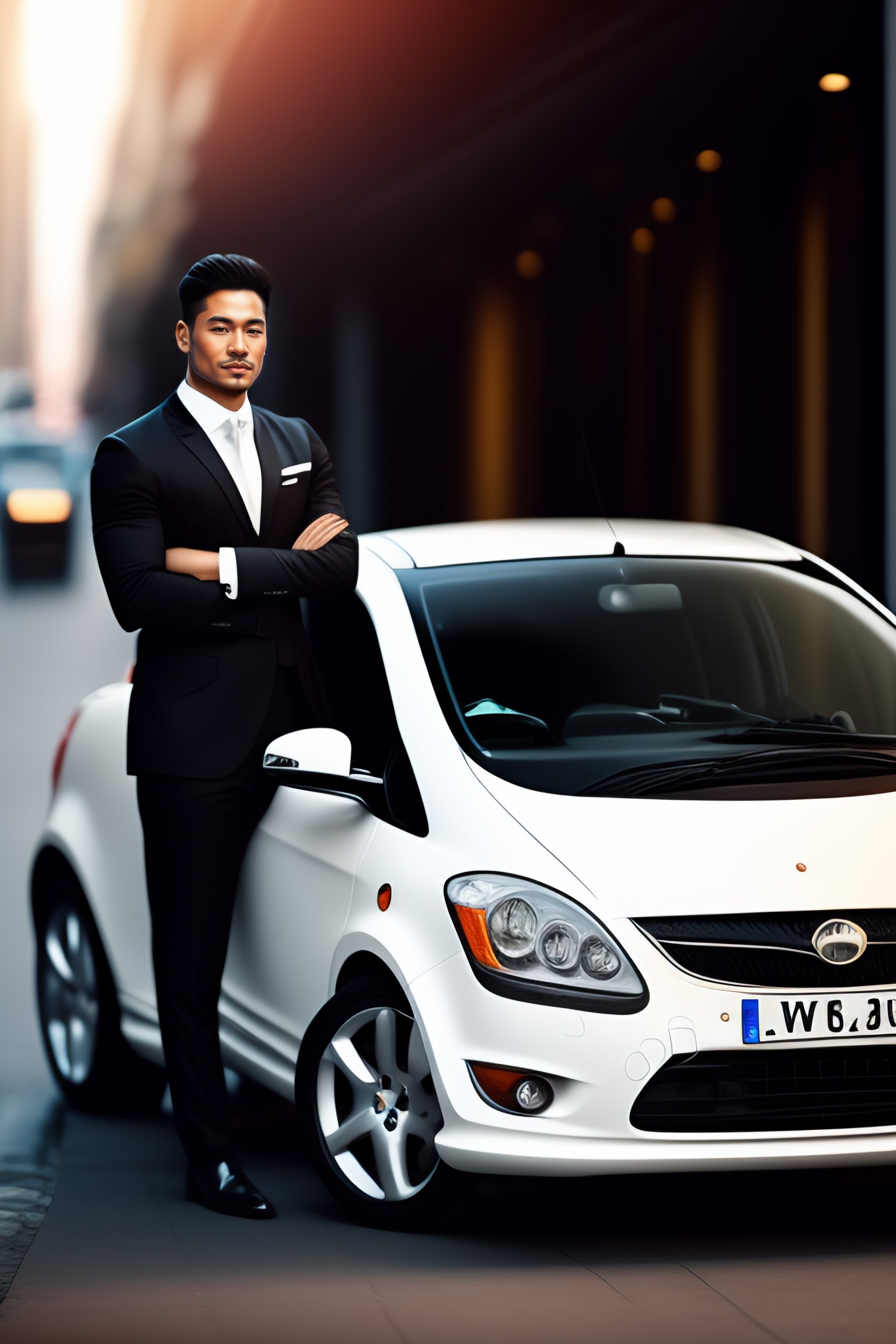 Lexica Portret white black car and his owner