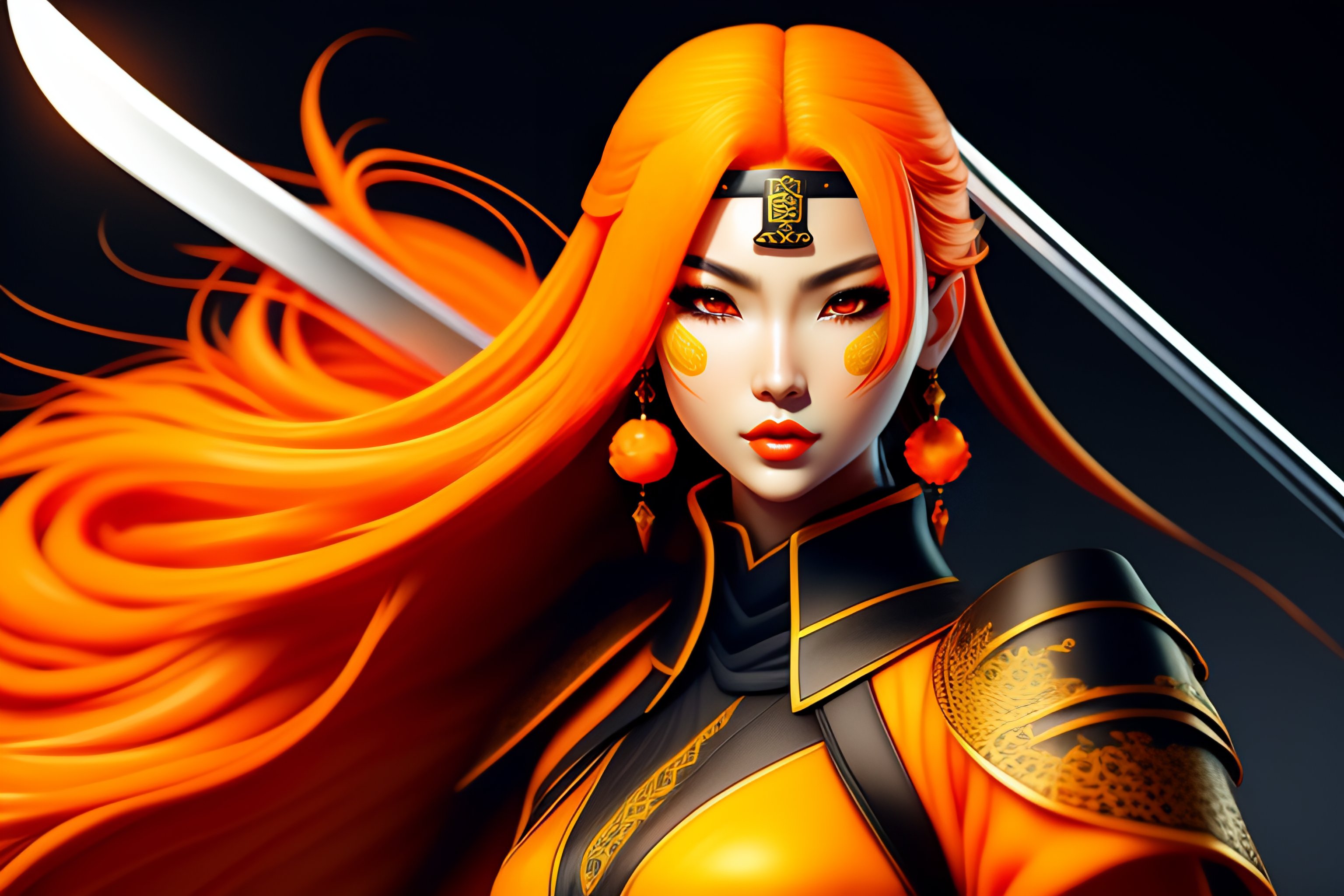 Lexica Samourai girl with japanese embroidered dress ,orange lips