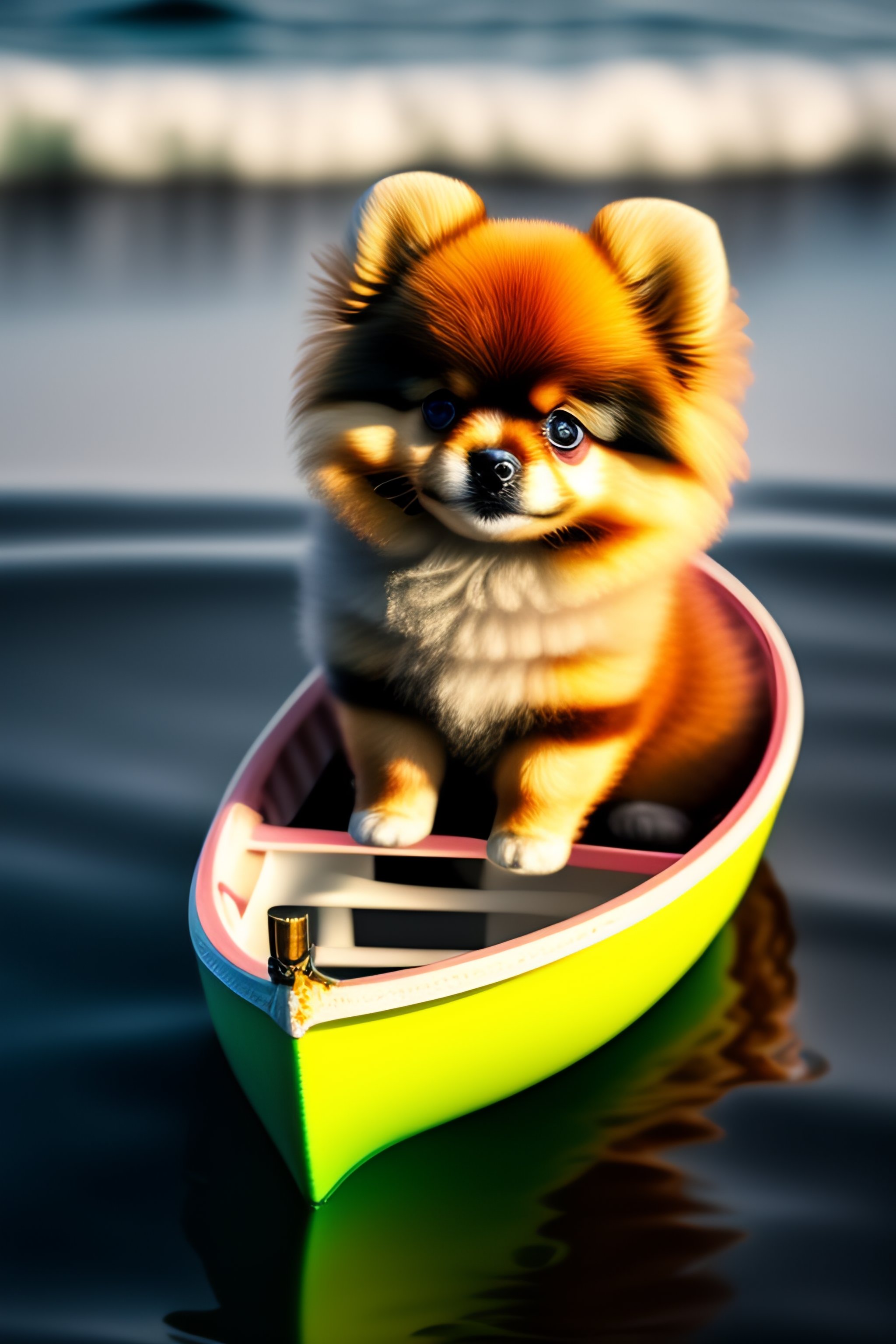 Lexica - Cute little pomeranian puppy in a boat