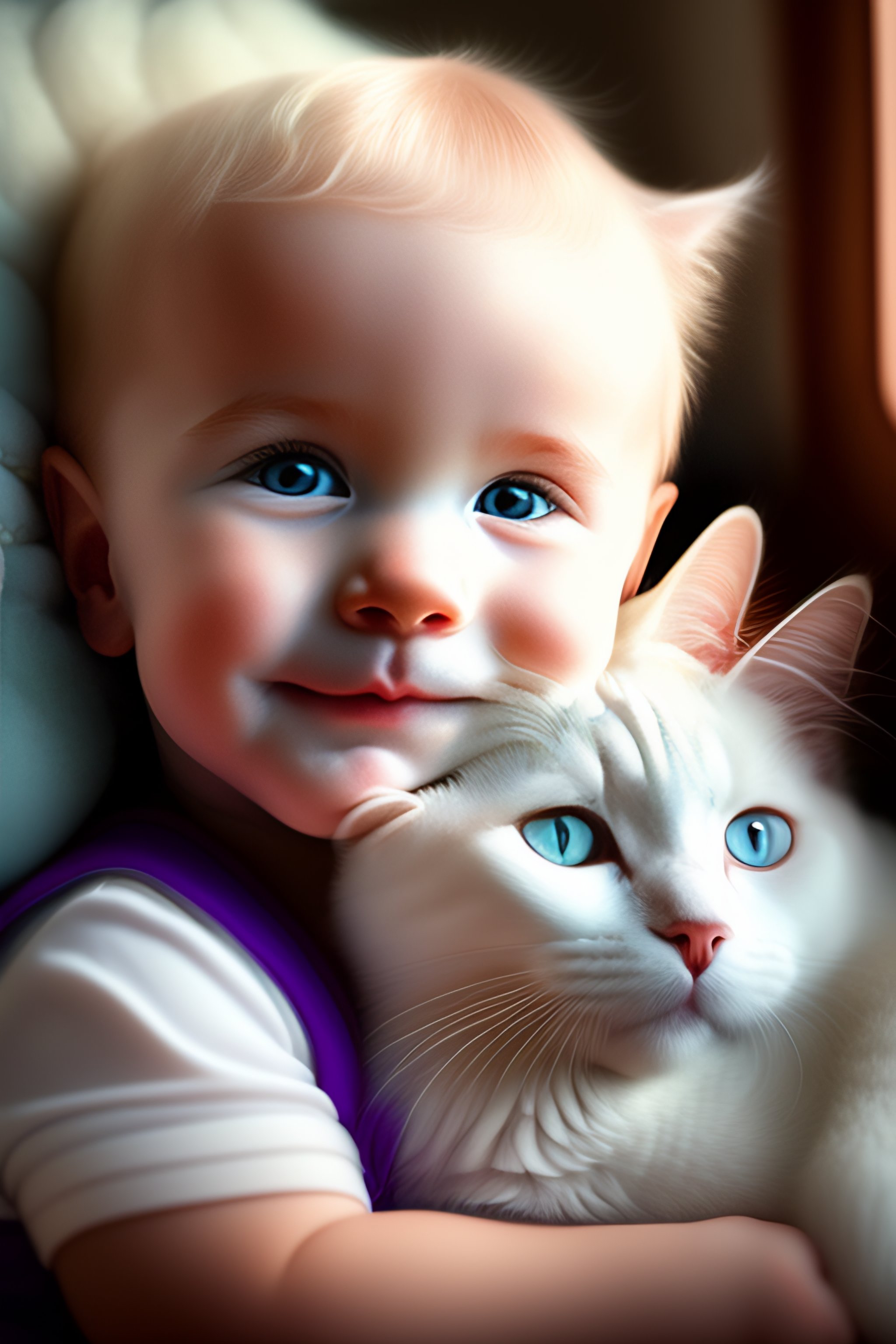 Lexica A white cat smiling in front of a blonde baby