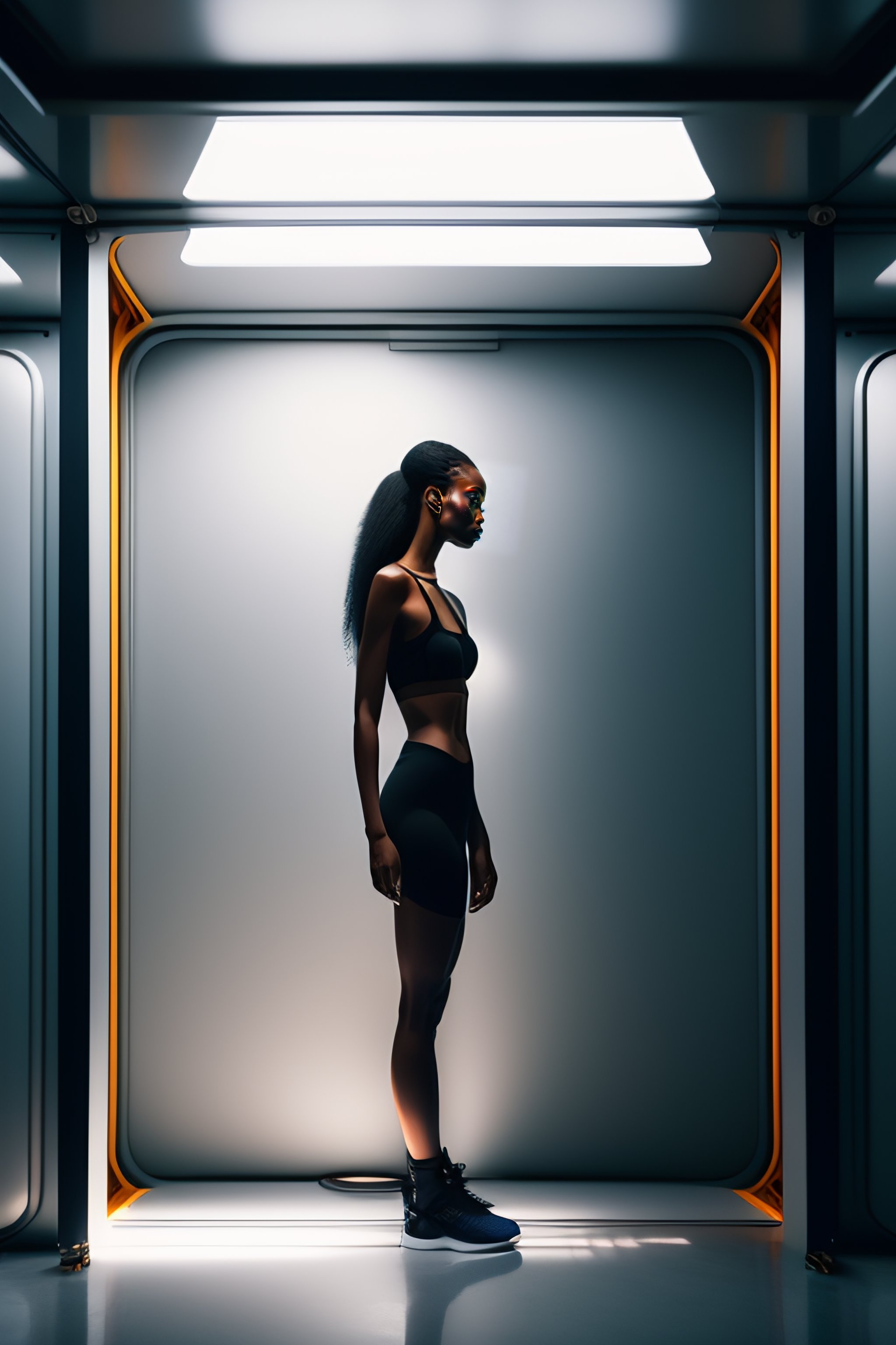 Lexica - Female standing pose trapped in a small space station