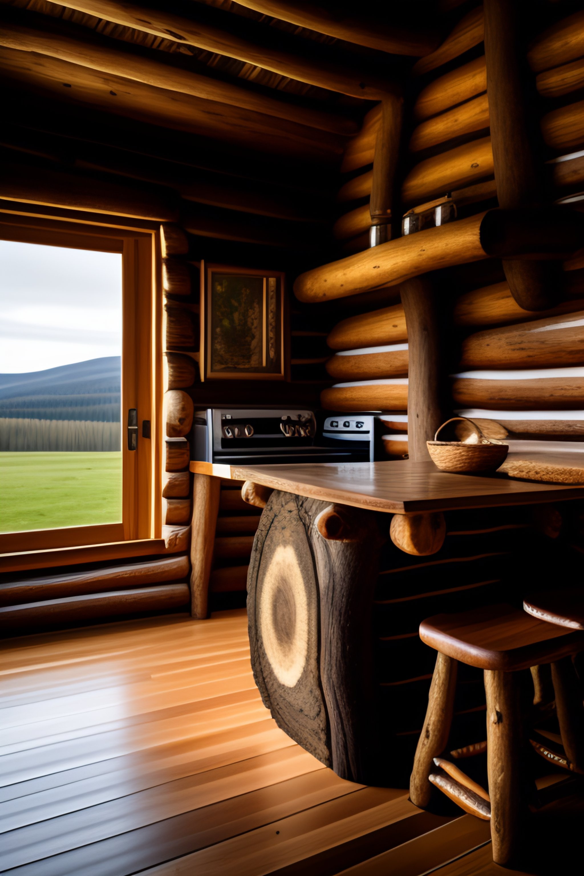 Lexica - Interior of a log cabin with a raised tablet on a counter at ...