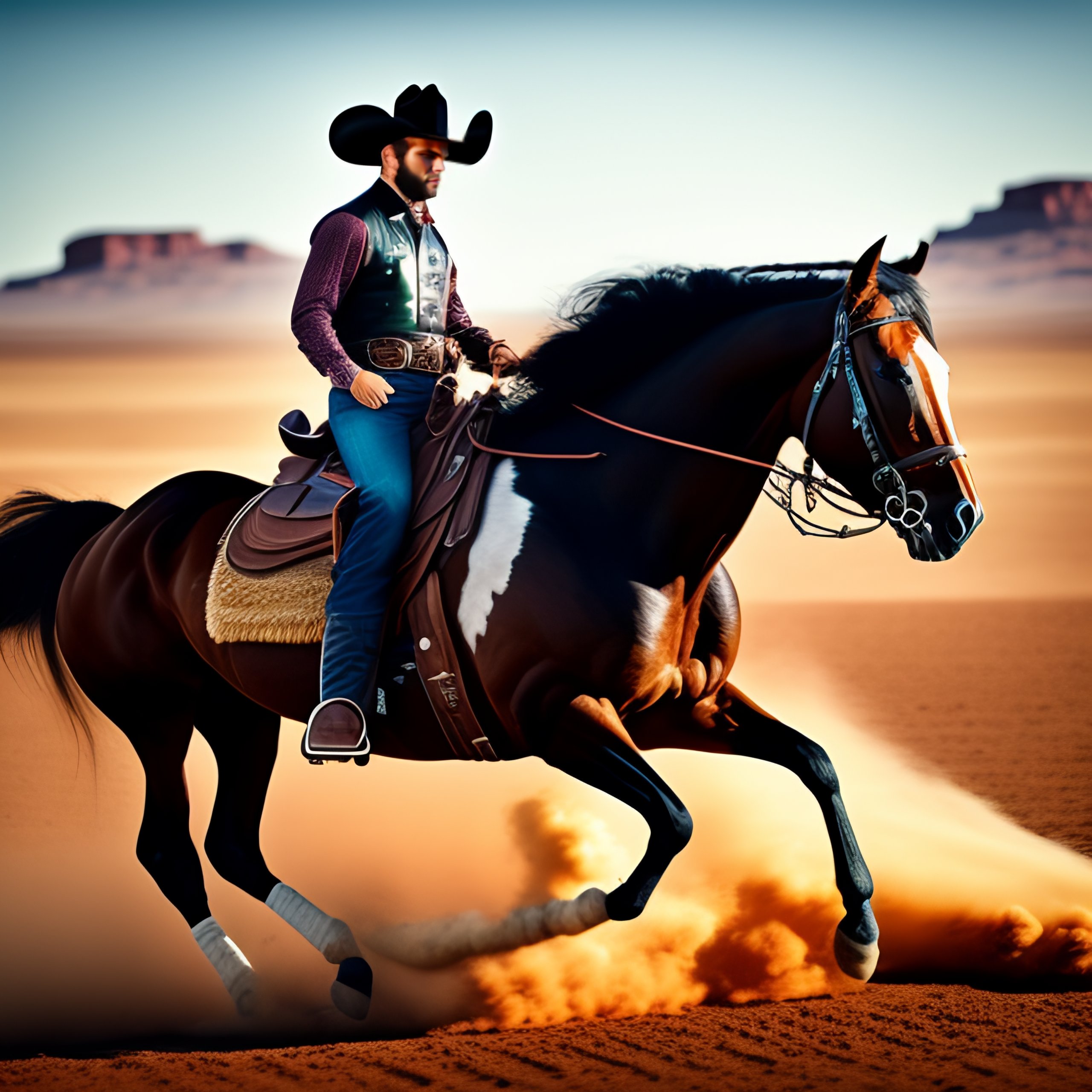Lexica - Cool Cowboy on a mustang horse while aiming a pistol