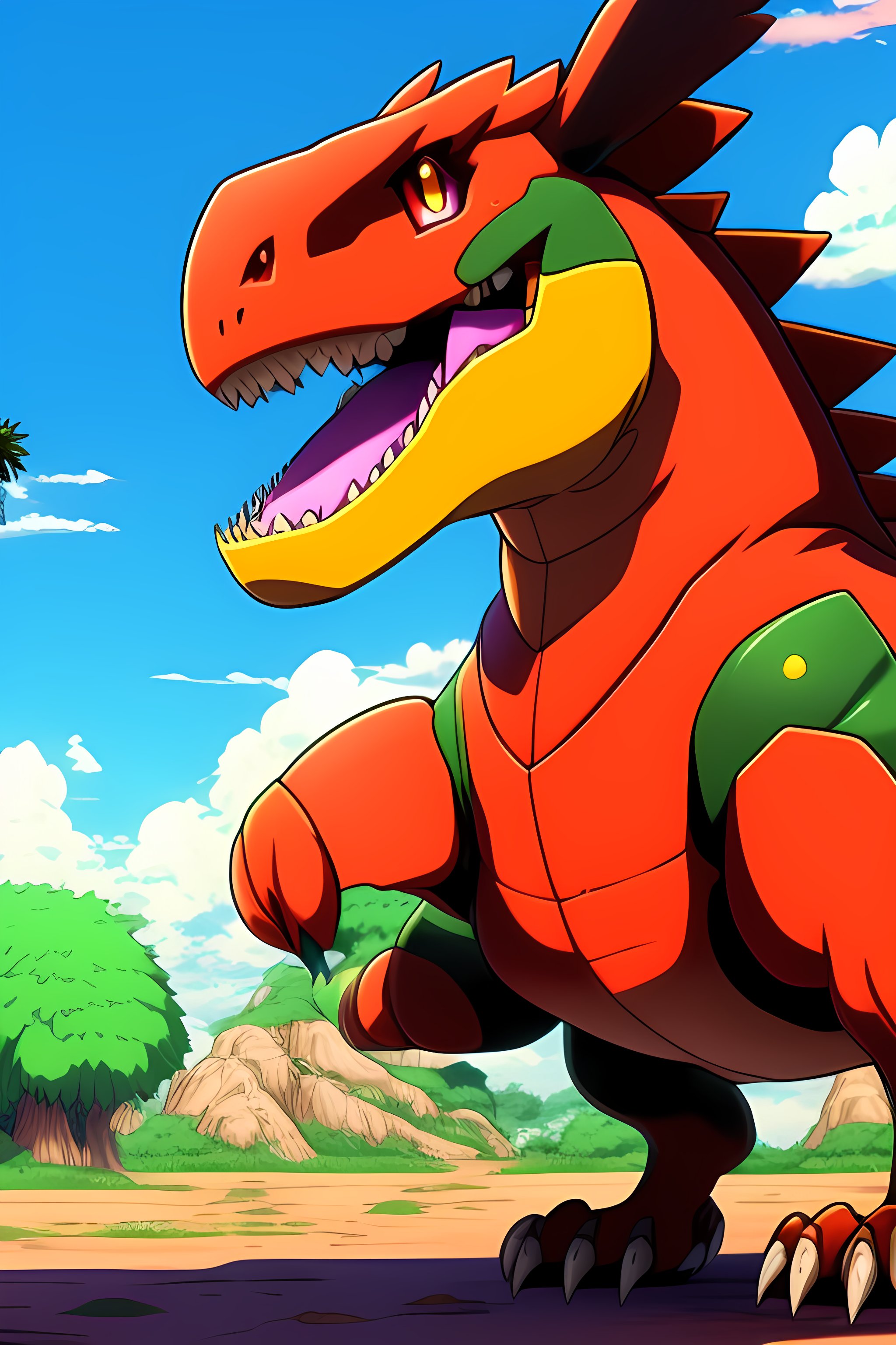 Lexica - Anime illustration of a Pokemon Red-Coloured Raptor Dinosaur