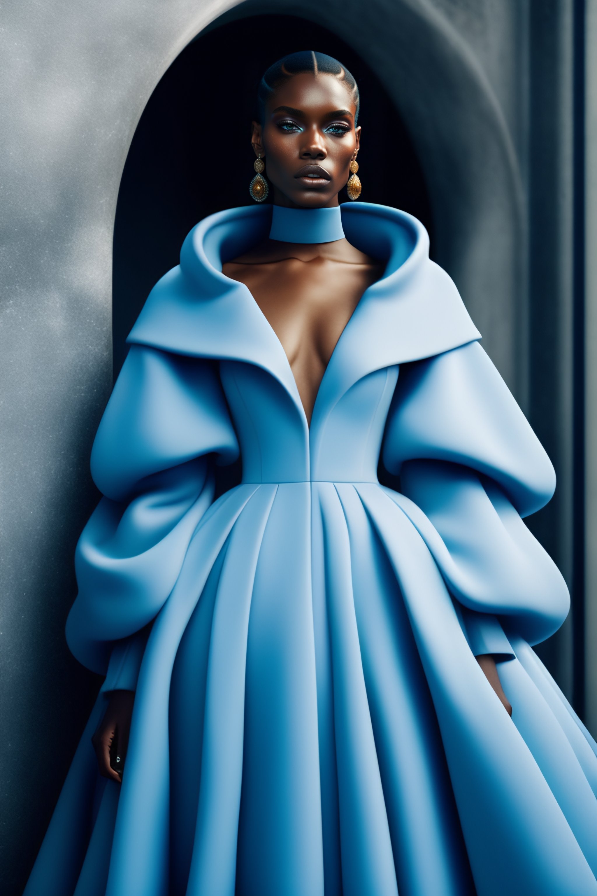 Lexica - High-fashion hooded figures in icy blue ballgowns, in a crypt