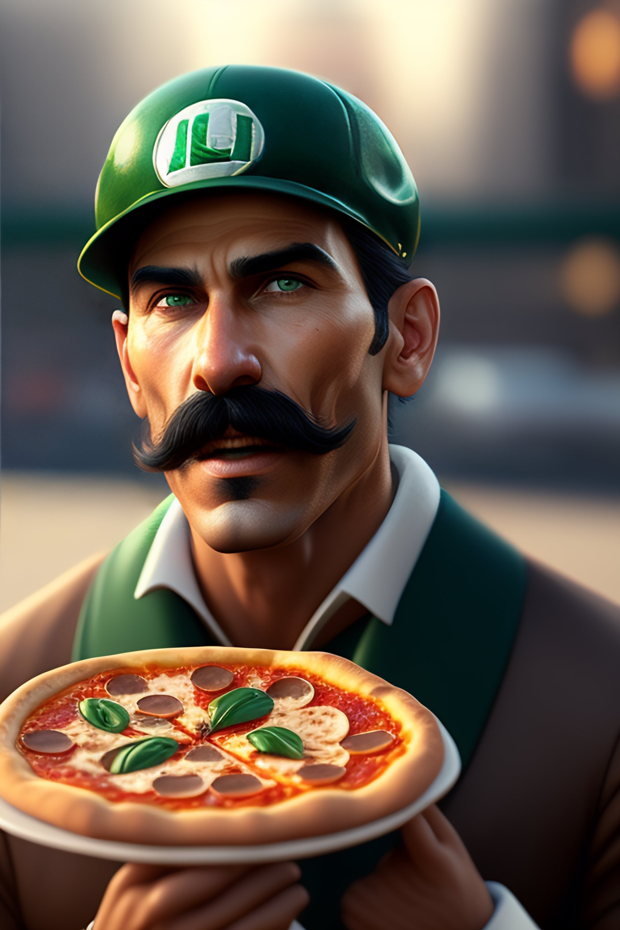 Lexica Luigi eating pizza, art by wlop, 3d render, octane