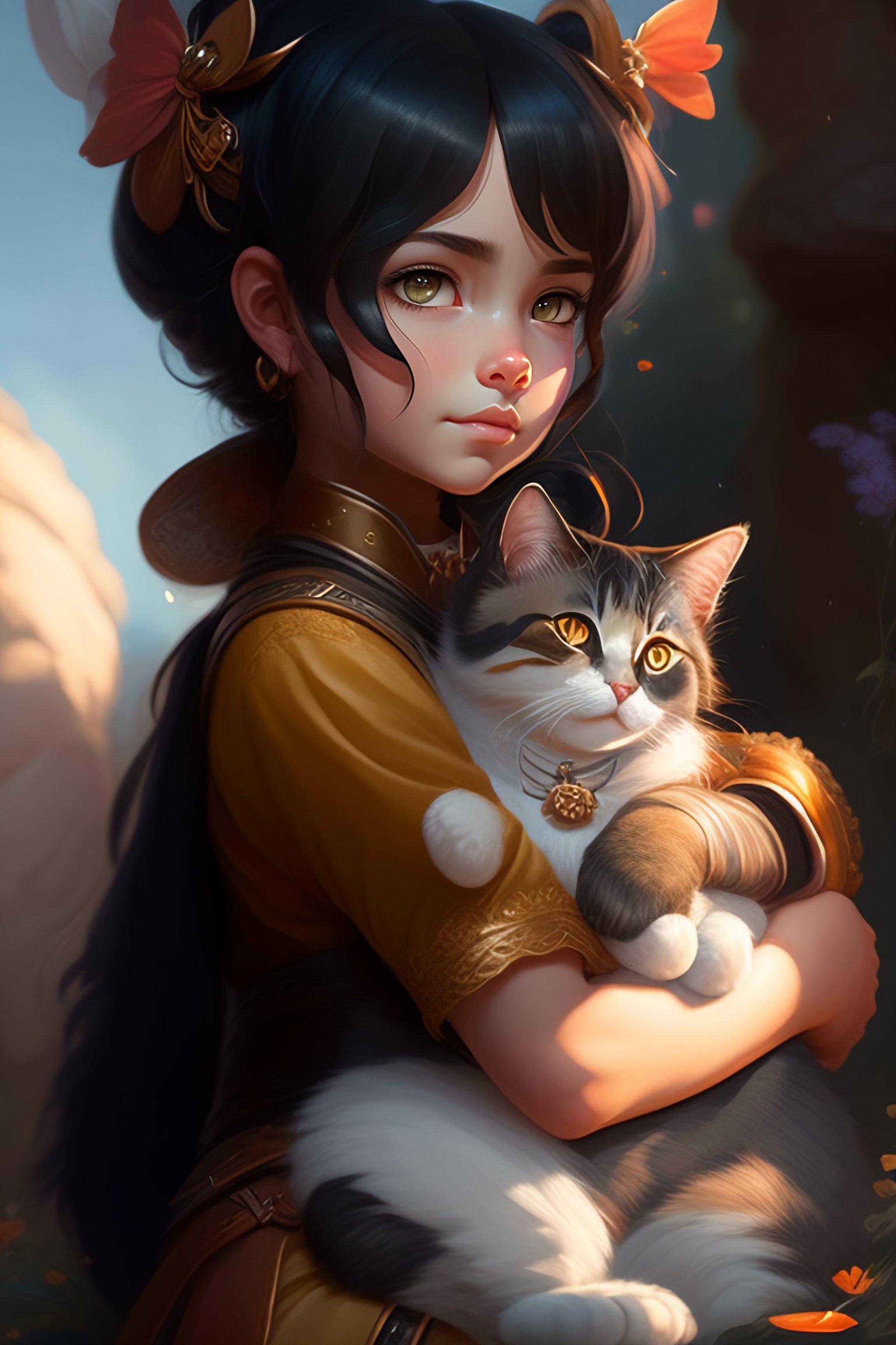 Lexica - A detailed portrait of a cute black hair girl hugging a tabby ...