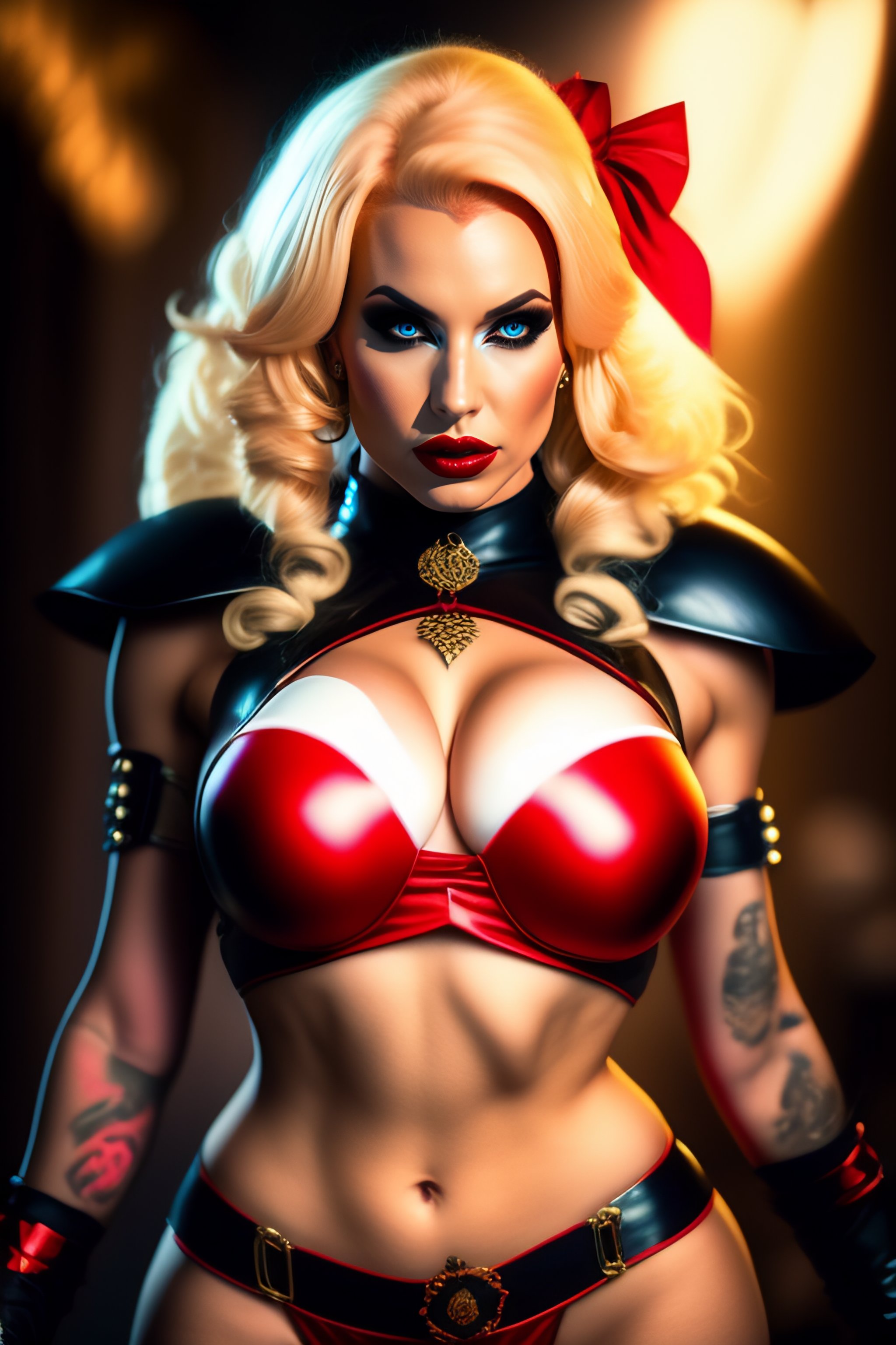 Lexica - Rikki Six cosplay Harley Queen, beautiful figure, Photorealism,  midriff, tight bra, High detail, --aspect 9:32 --testp --testp --upbeta