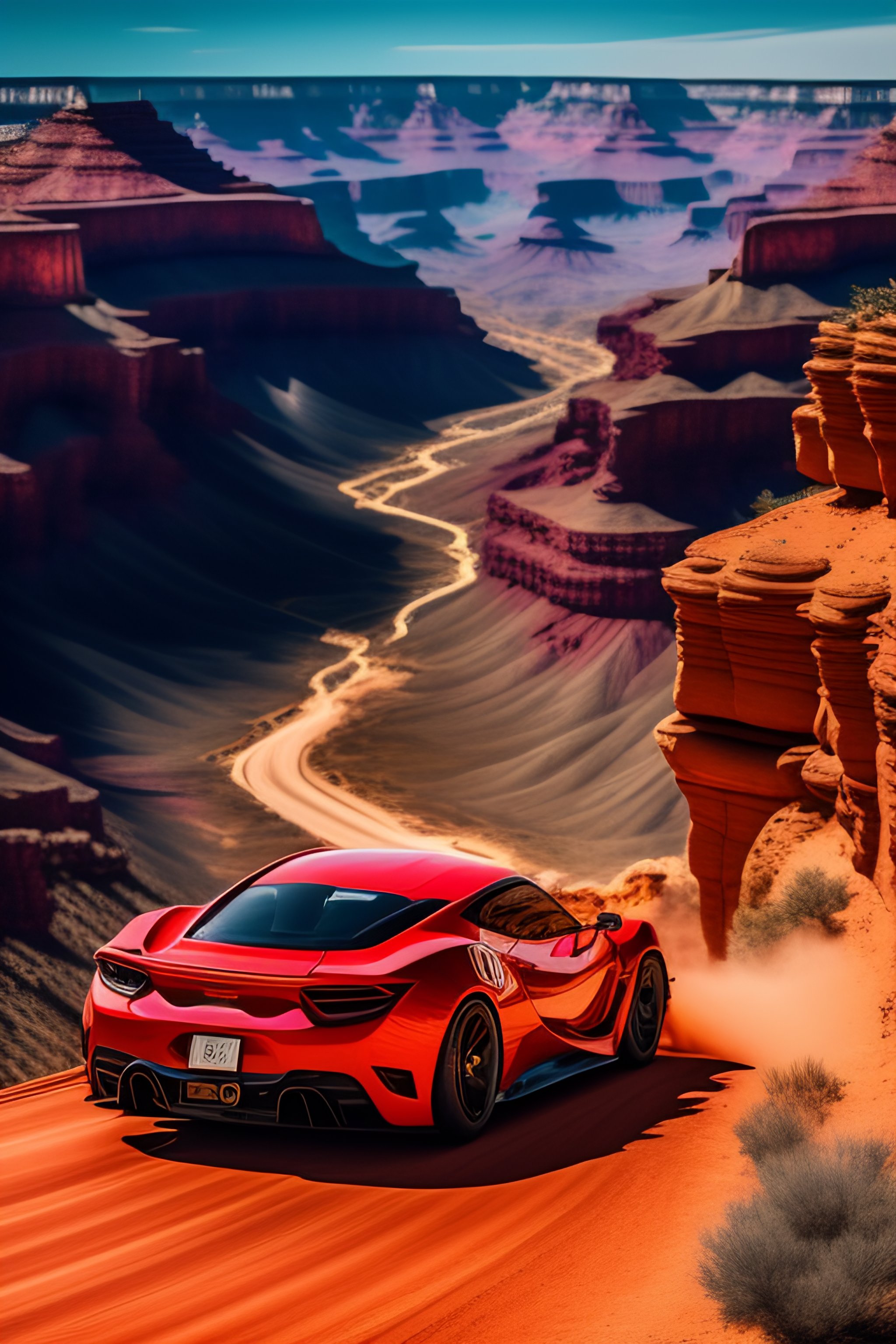 Lexica - A red car racing in a road behind the grand canyon.