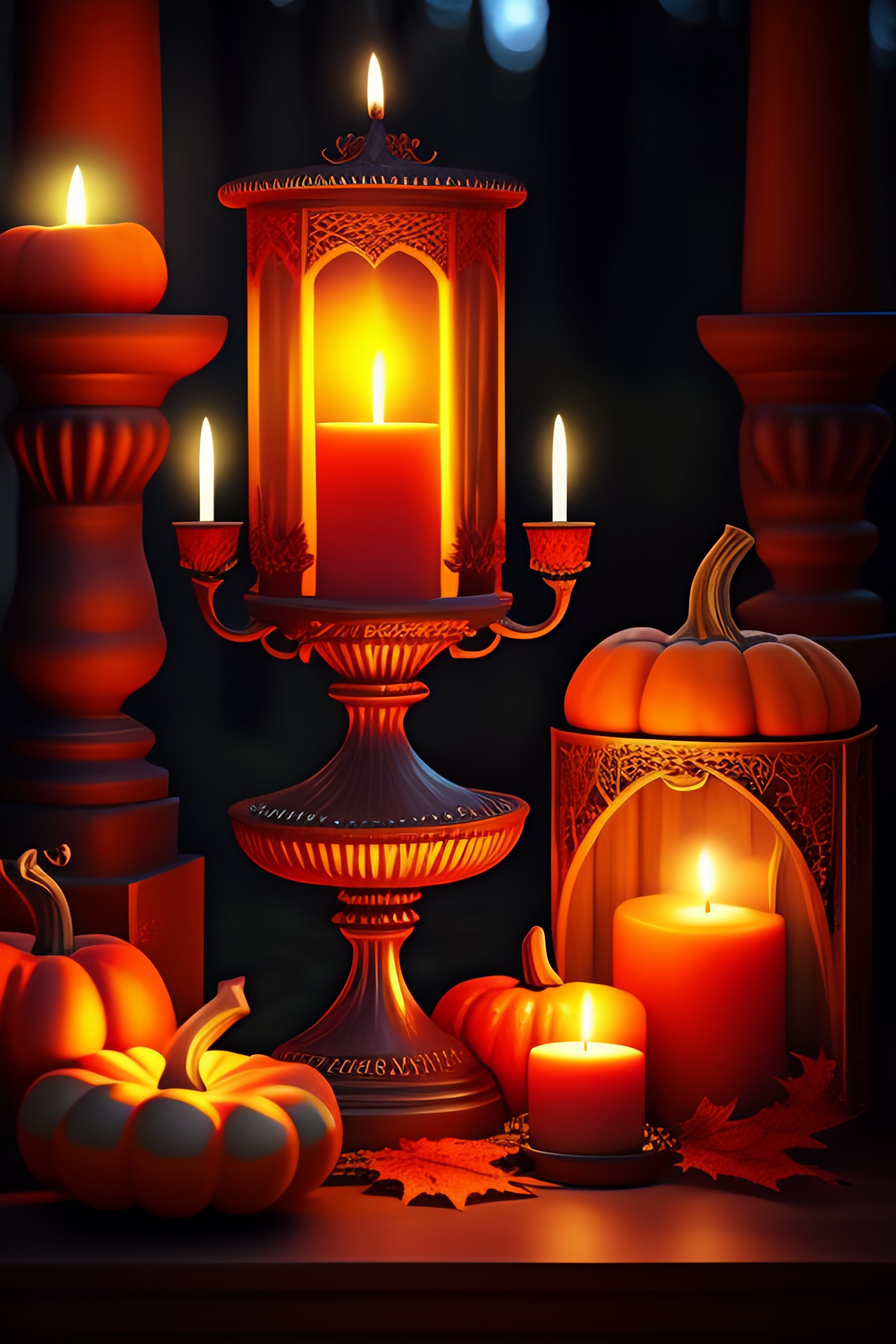 Lexica Witches altar with pumpkins, fantastical fall woods