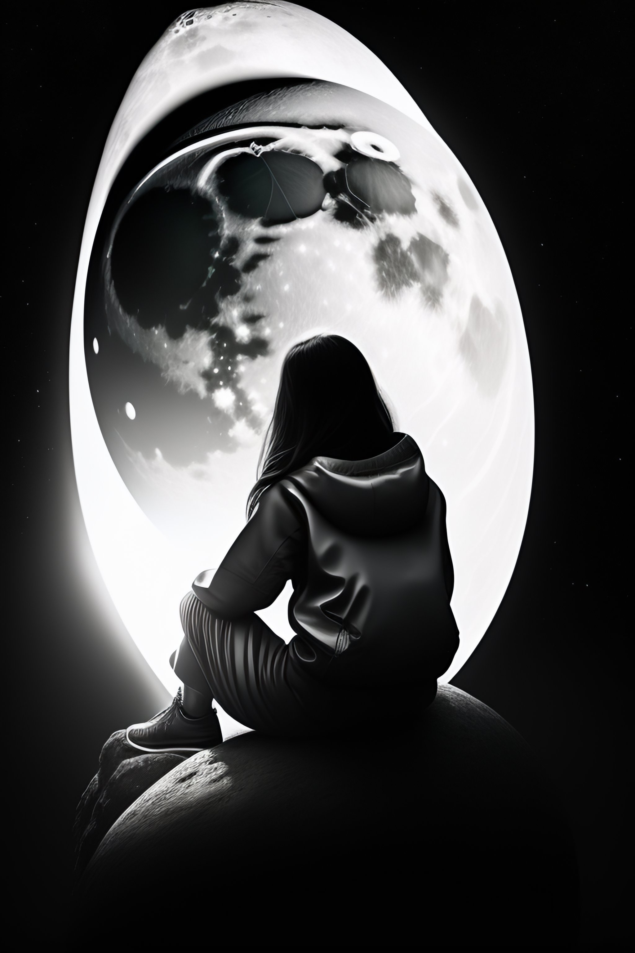 Lexica - Girl sits on the moon, black and white